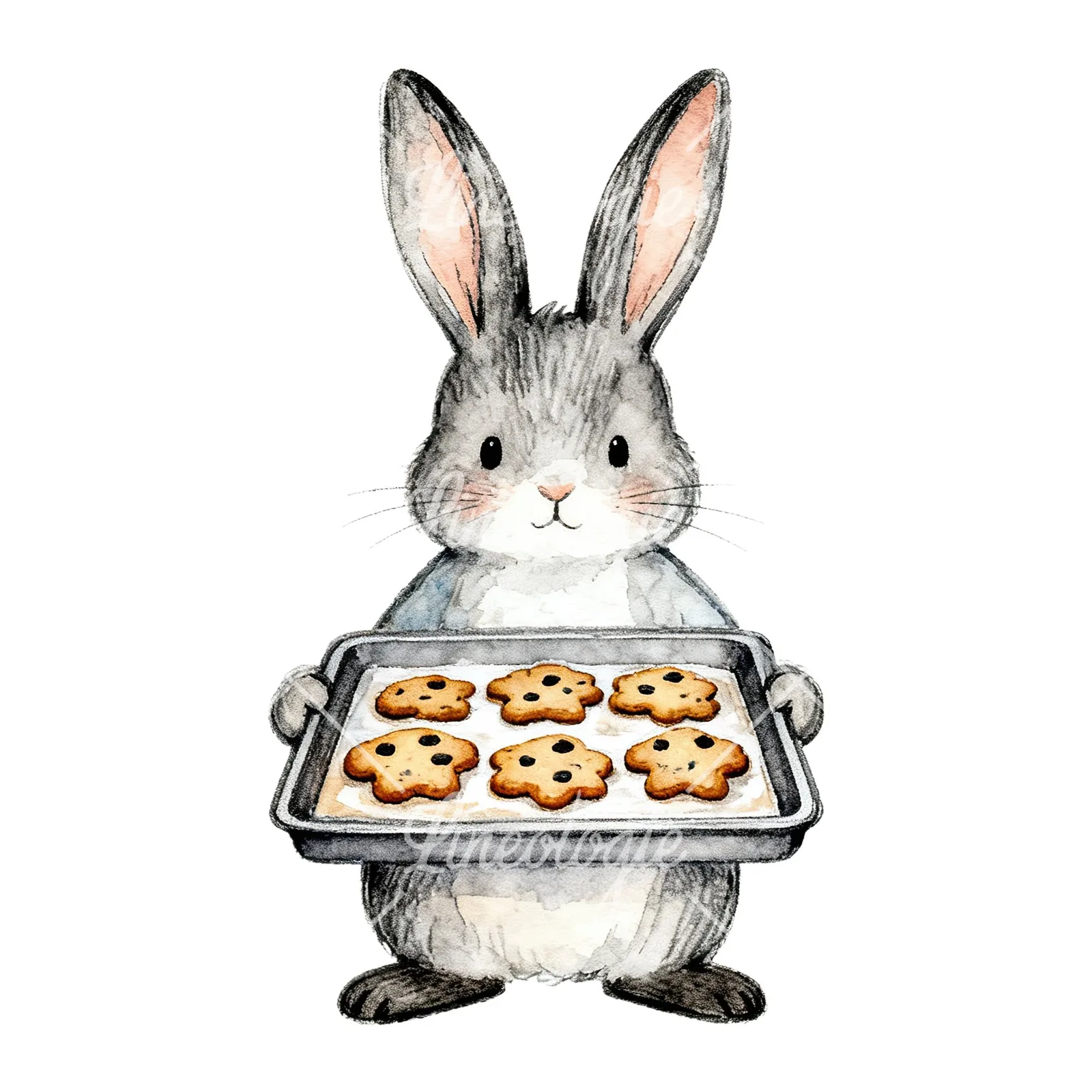 Watercolor Easter bunny with floral accents clipart 3 of 8 on a white background (JPG)