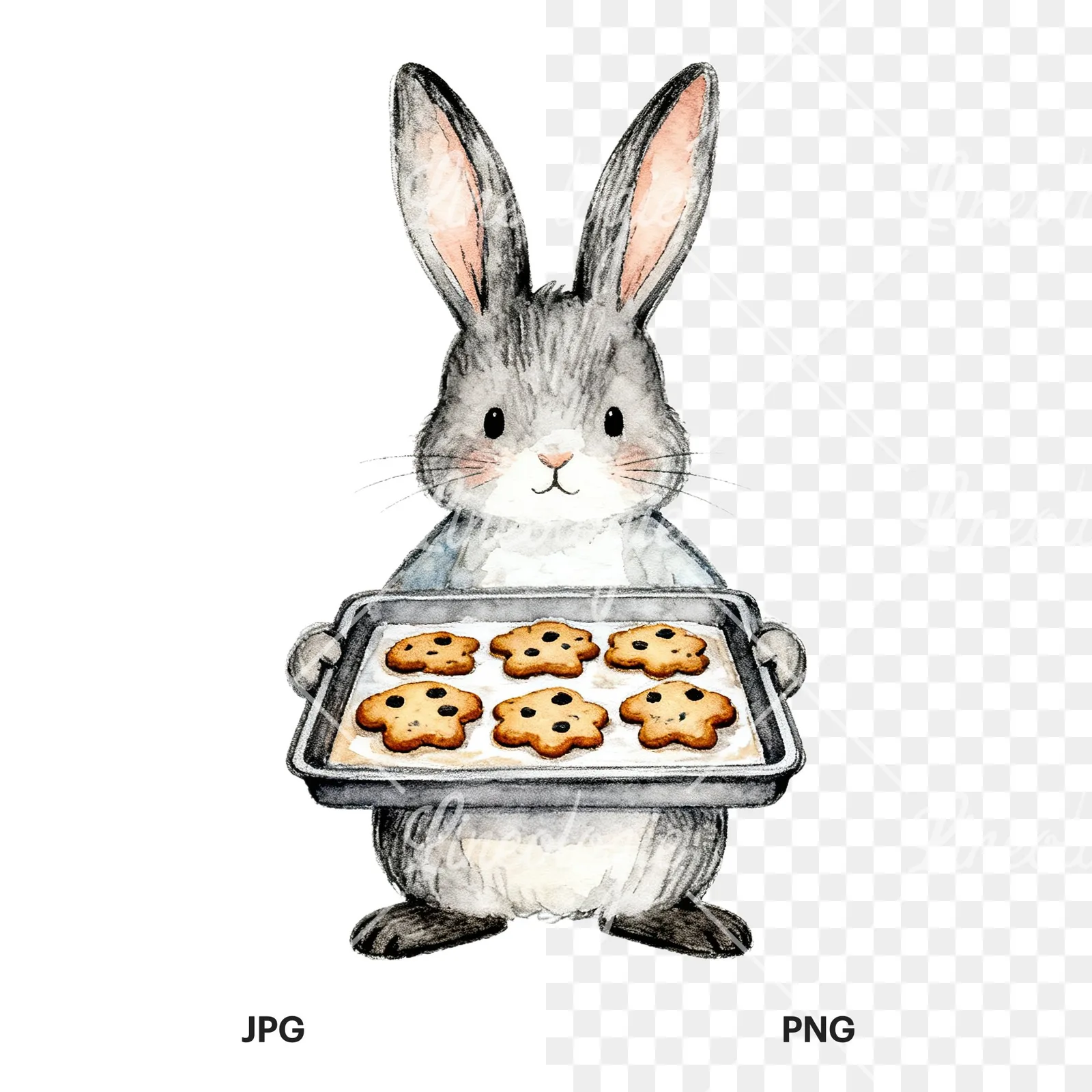 Watercolor Easter bunny with floral accents clipart 3 of 8, as a JPG on white and a transparent PNG