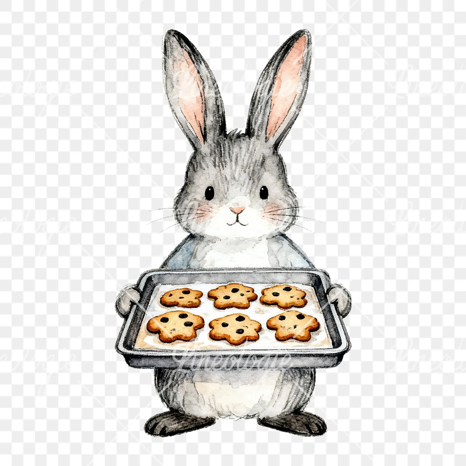 Watercolor Easter bunny with floral accents clipart 3 of 8 on a transparent background (PNG)