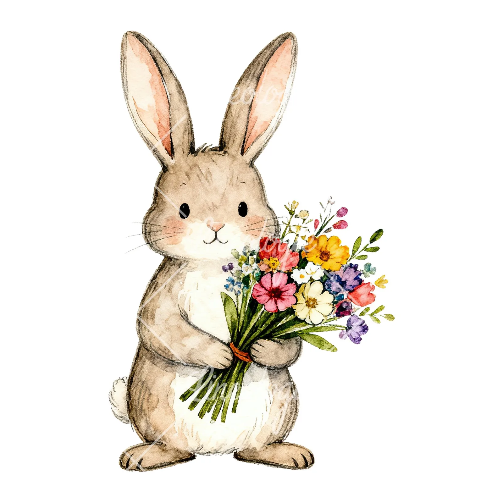 Watercolor Easter bunny with floral accents clipart 4 of 8 on a white background (JPG)