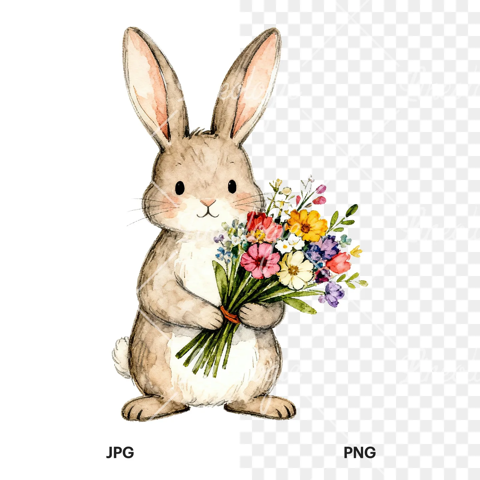 Watercolor Easter bunny with floral accents clipart 4 of 8, as a JPG on white and a transparent PNG