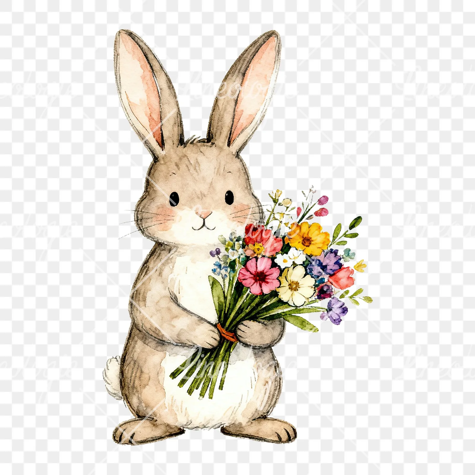 Watercolor Easter bunny with floral accents clipart 4 of 8 on a transparent background (PNG)