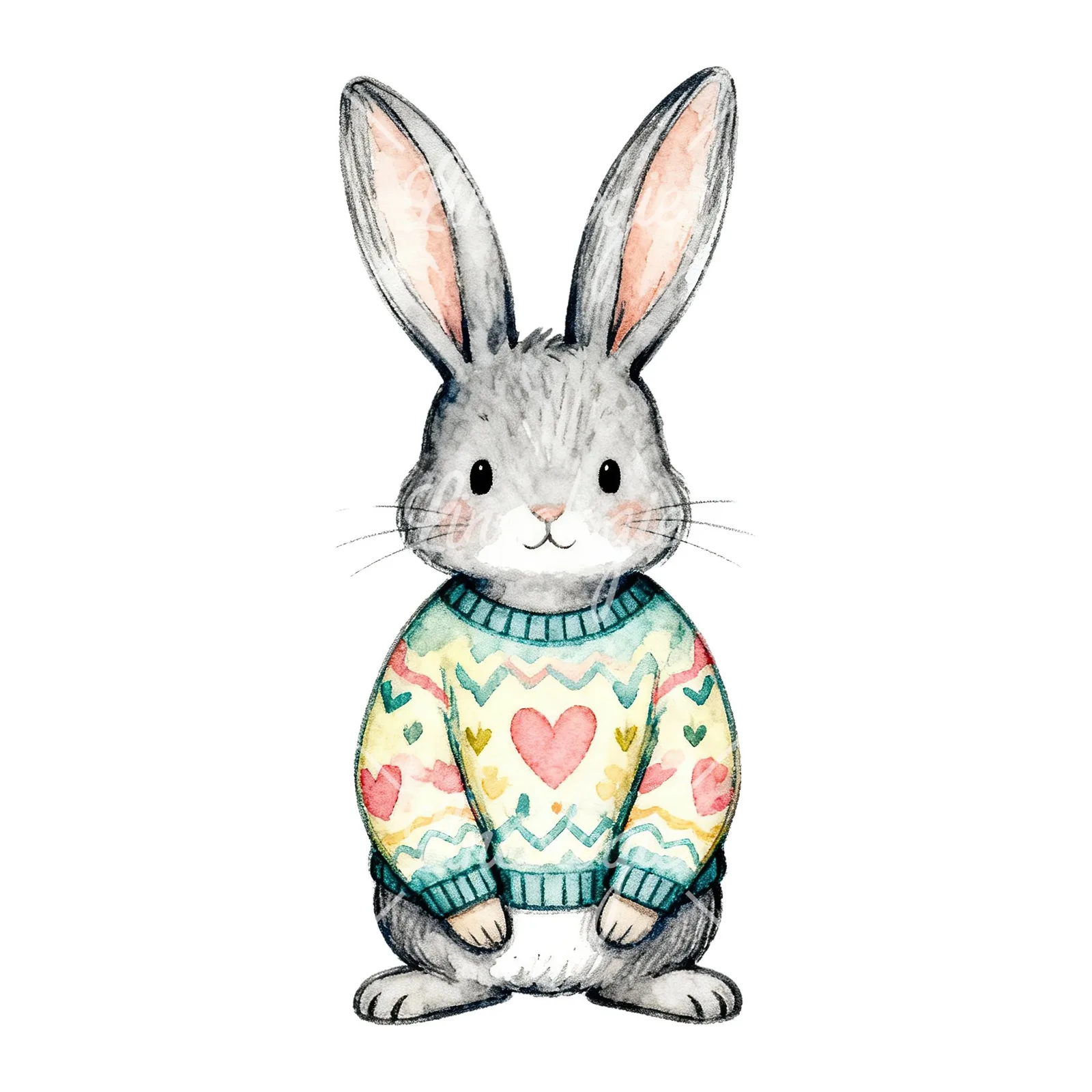 Watercolor Easter bunny with floral accents clipart 5 of 8 on a white background (JPG)