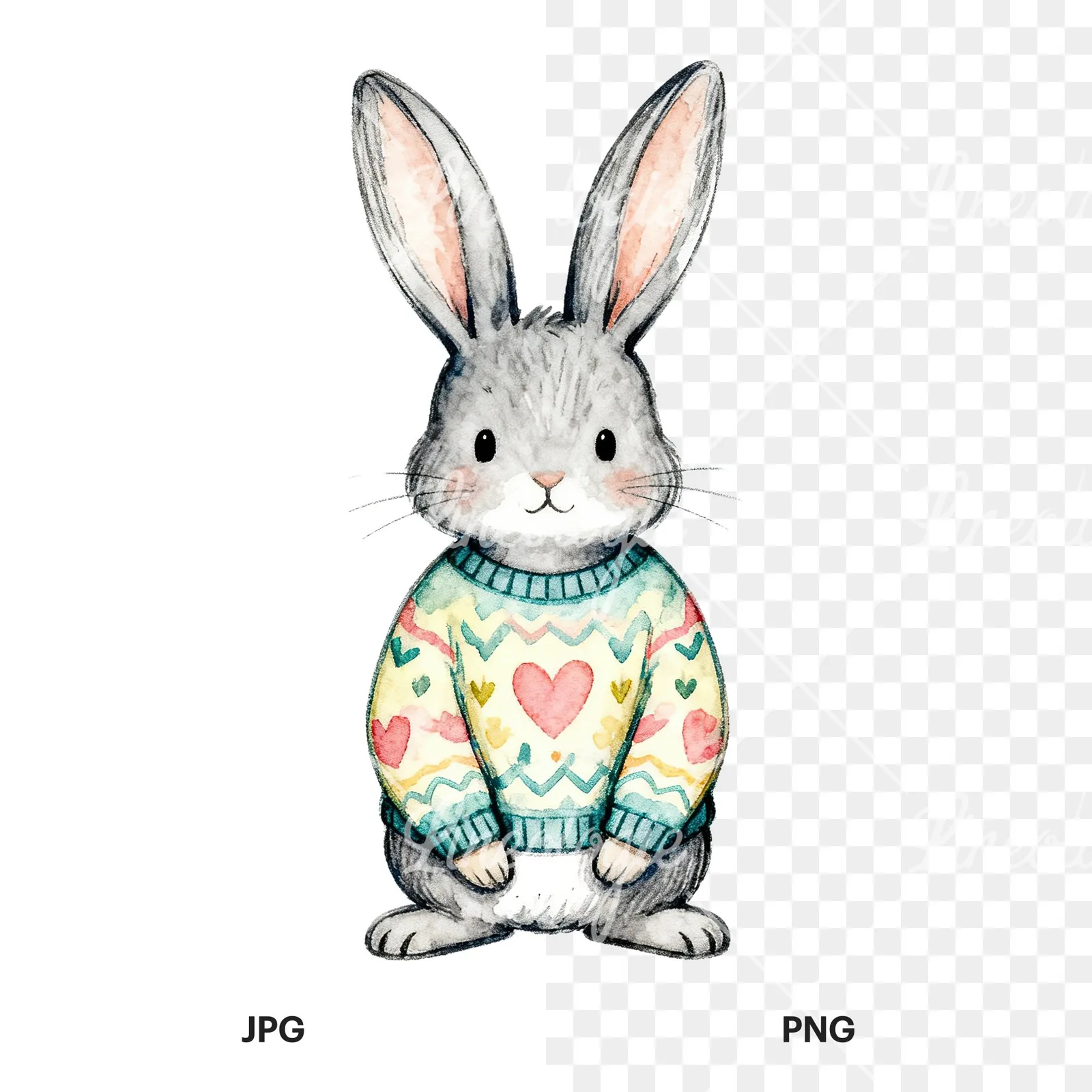 Watercolor Easter bunny with floral accents clipart 5 of 8, as a JPG on white and a transparent PNG