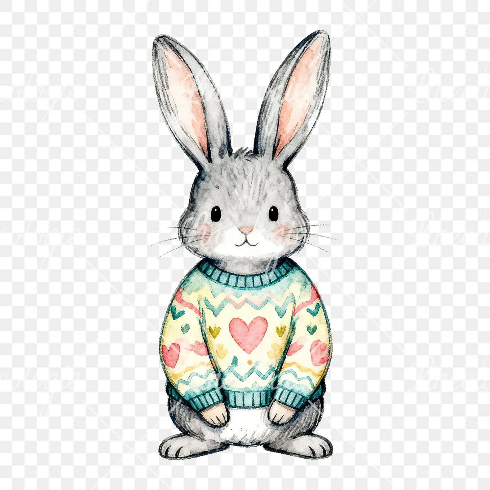 Watercolor Easter bunny with floral accents clipart 5 of 8 on a transparent background (PNG)