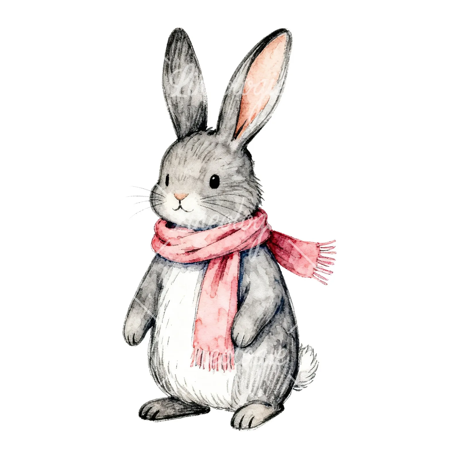 Watercolor Easter bunny with floral accents clipart 6 of 8 on a white background (JPG)