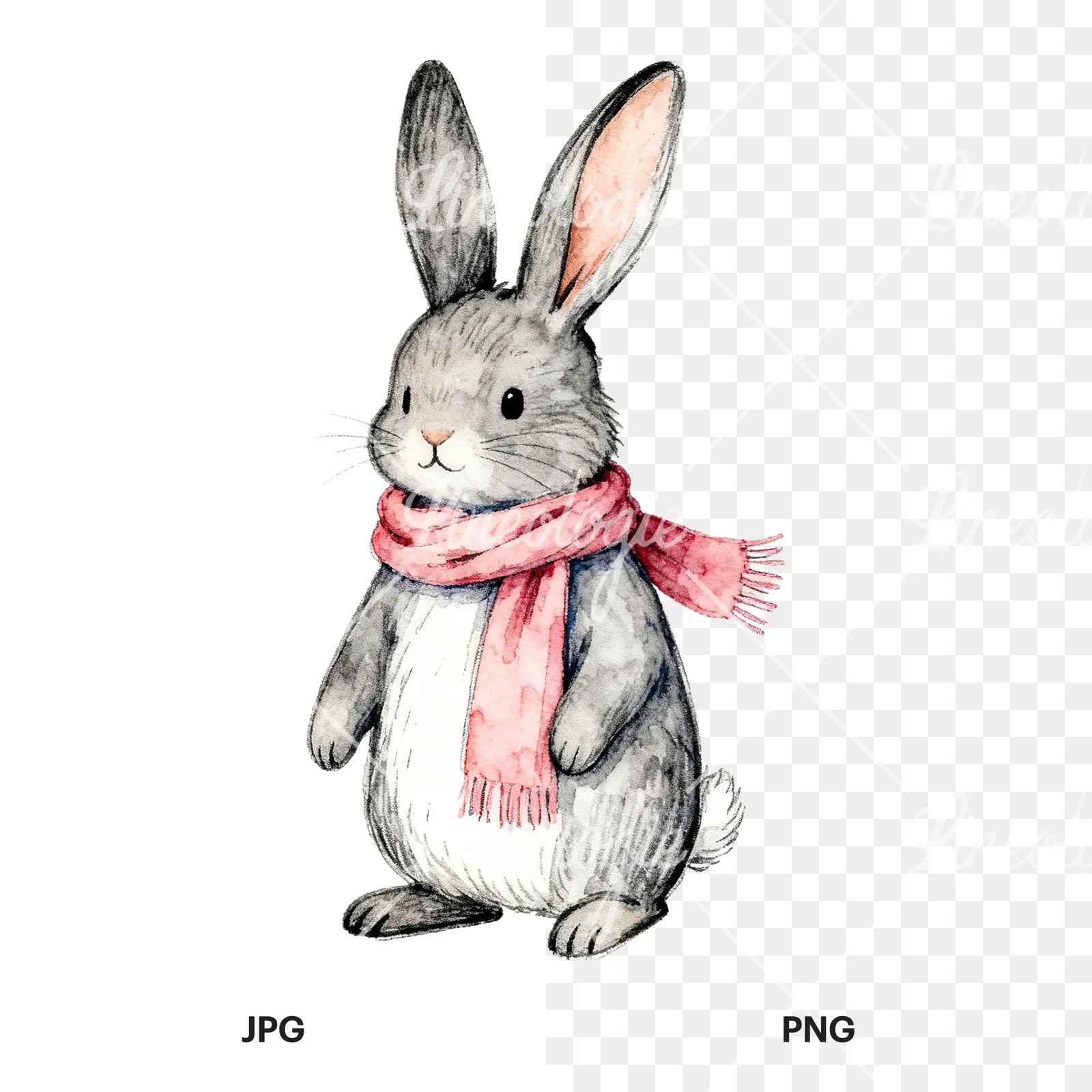 Watercolor Easter bunny with floral accents clipart 6 of 8, as a JPG on white and a transparent PNG