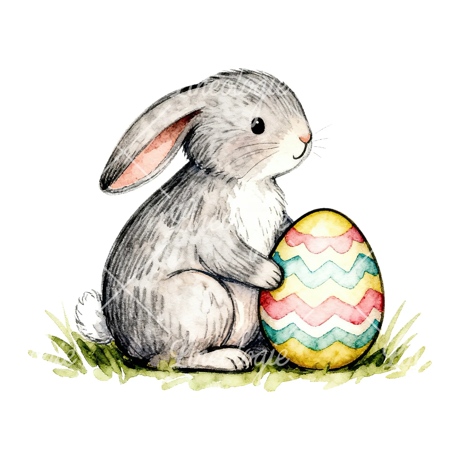 Watercolor Easter bunny with floral accents clipart 7 of 8 on a white background (JPG)