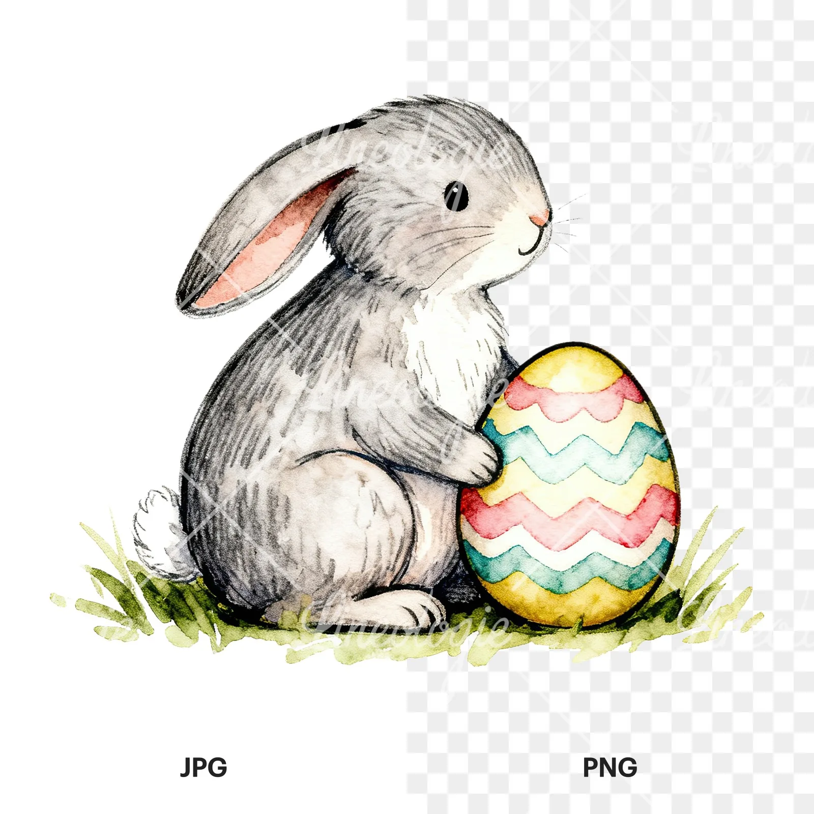 Watercolor Easter bunny with floral accents clipart 7 of 8, as a JPG on white and a transparent PNG