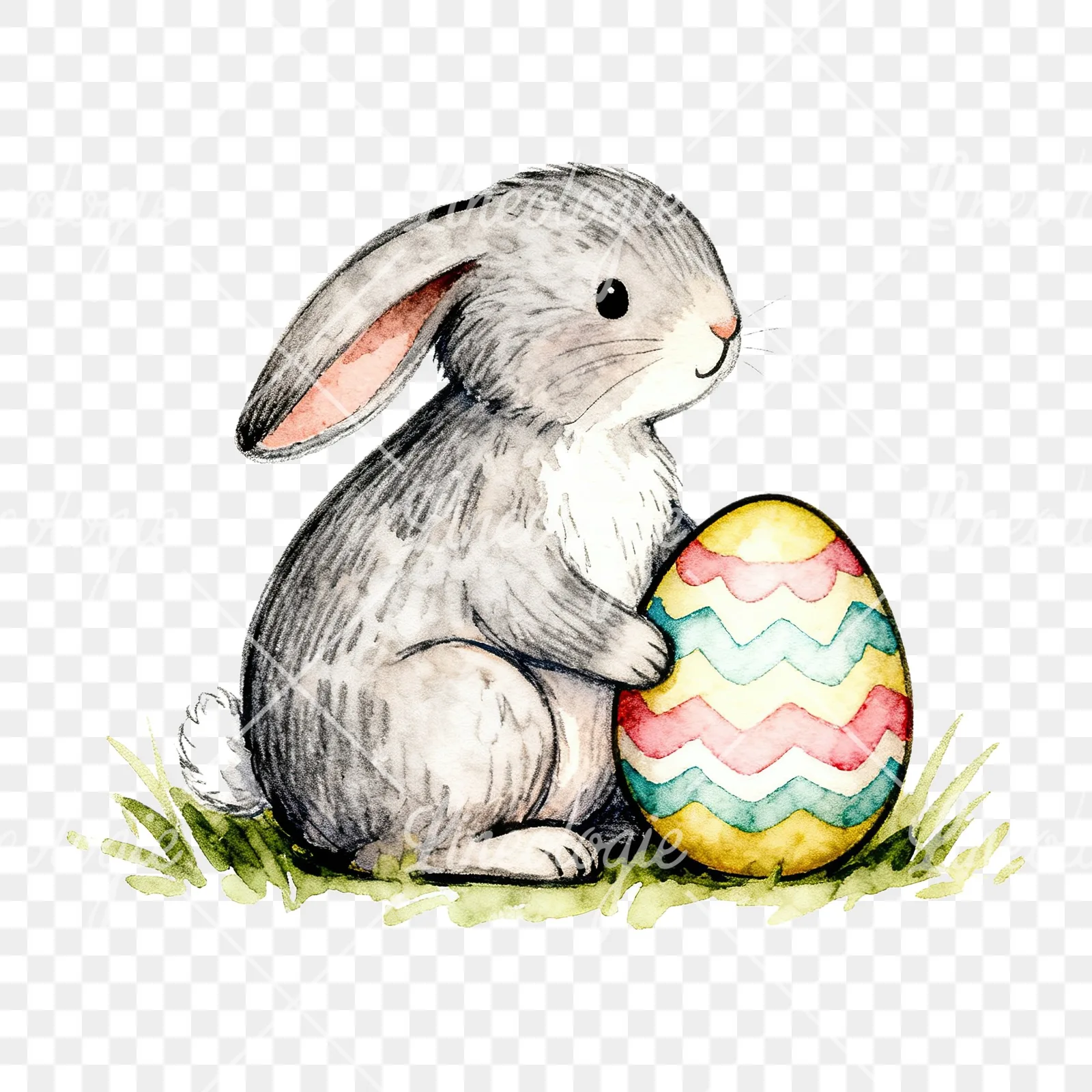 Watercolor Easter bunny with floral accents clipart 7 of 8 on a transparent background (PNG)