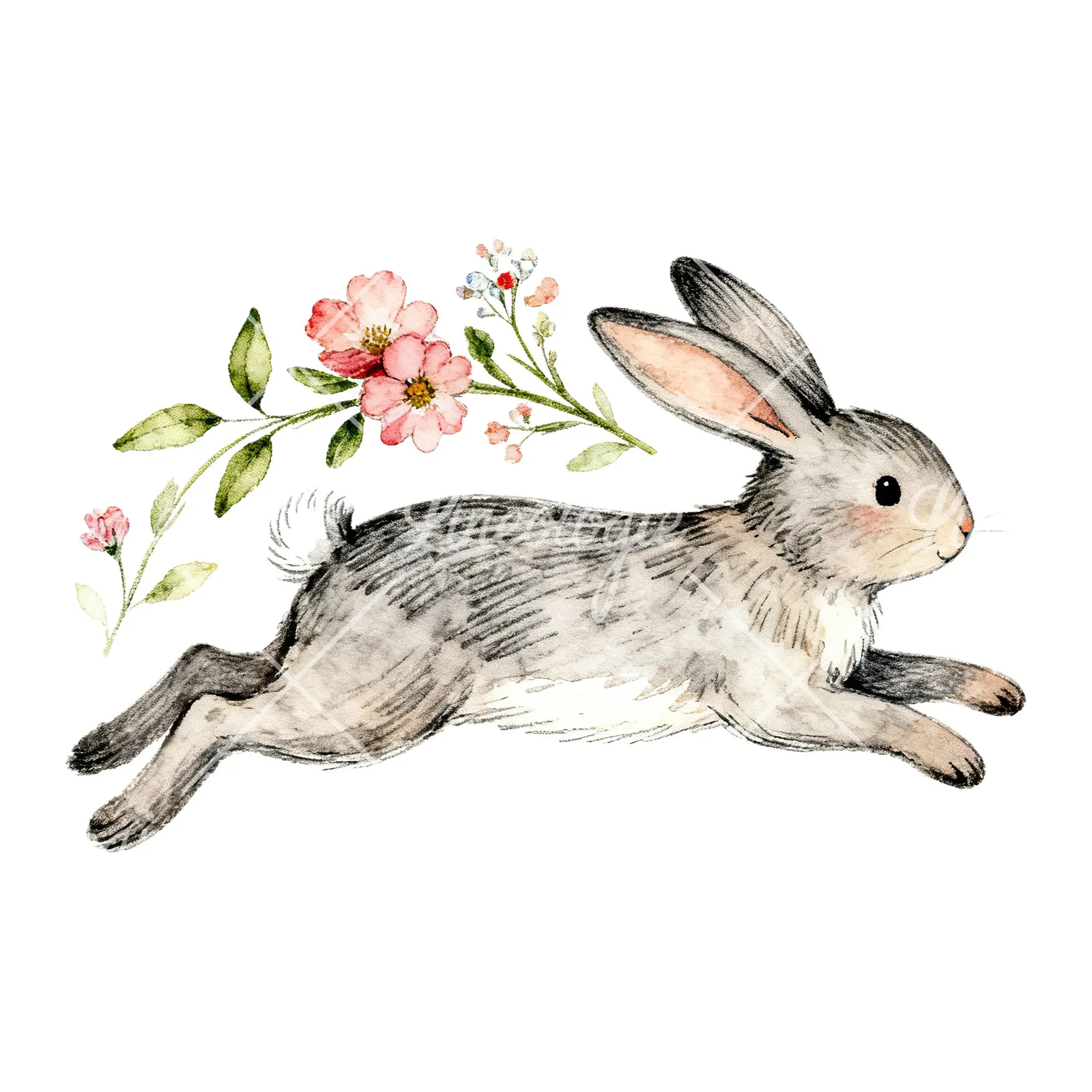 Watercolor Easter bunny with floral accents clipart 8 of 8 on a white background (JPG)