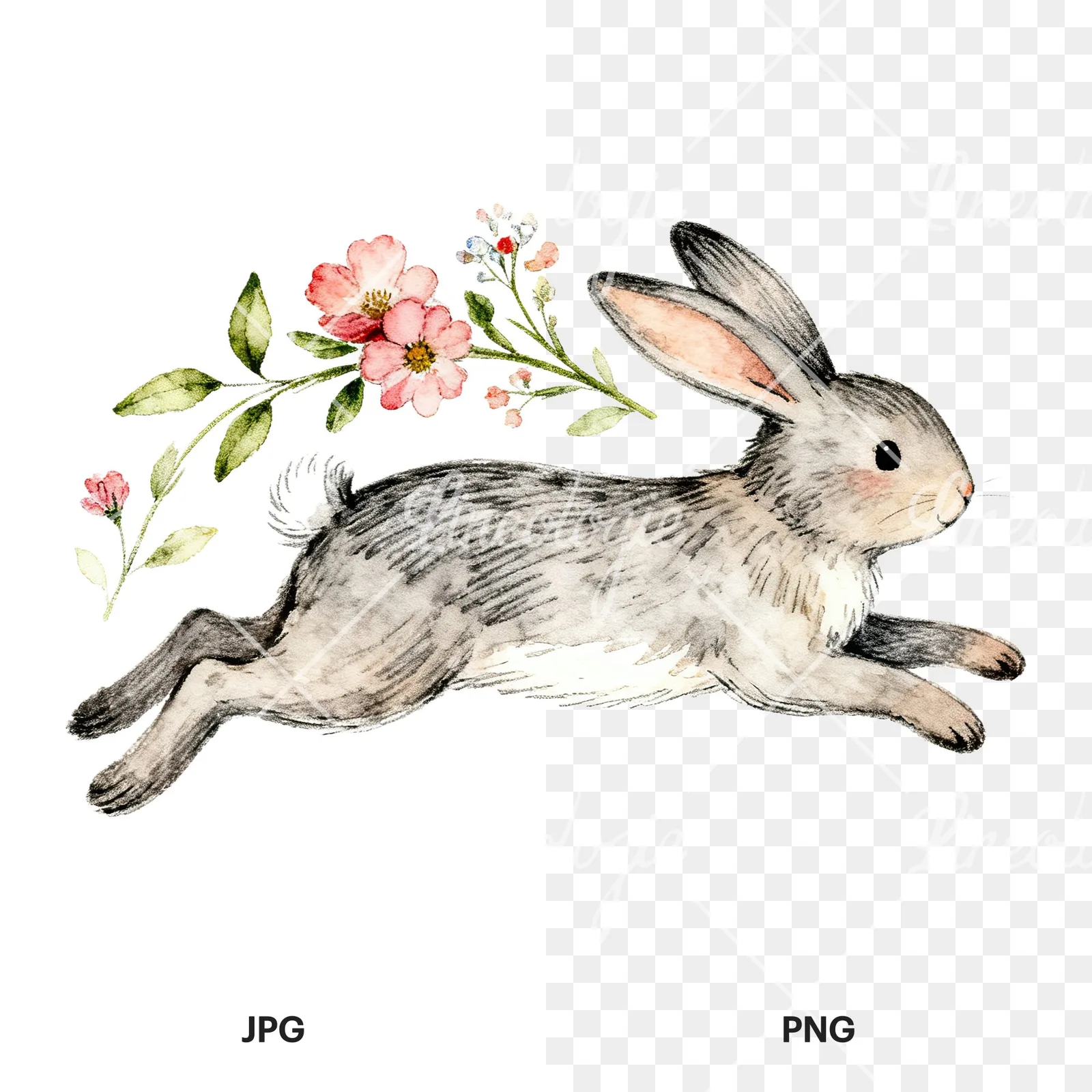 Watercolor Easter bunny with floral accents clipart 8 of 8, as a JPG on white and a transparent PNG