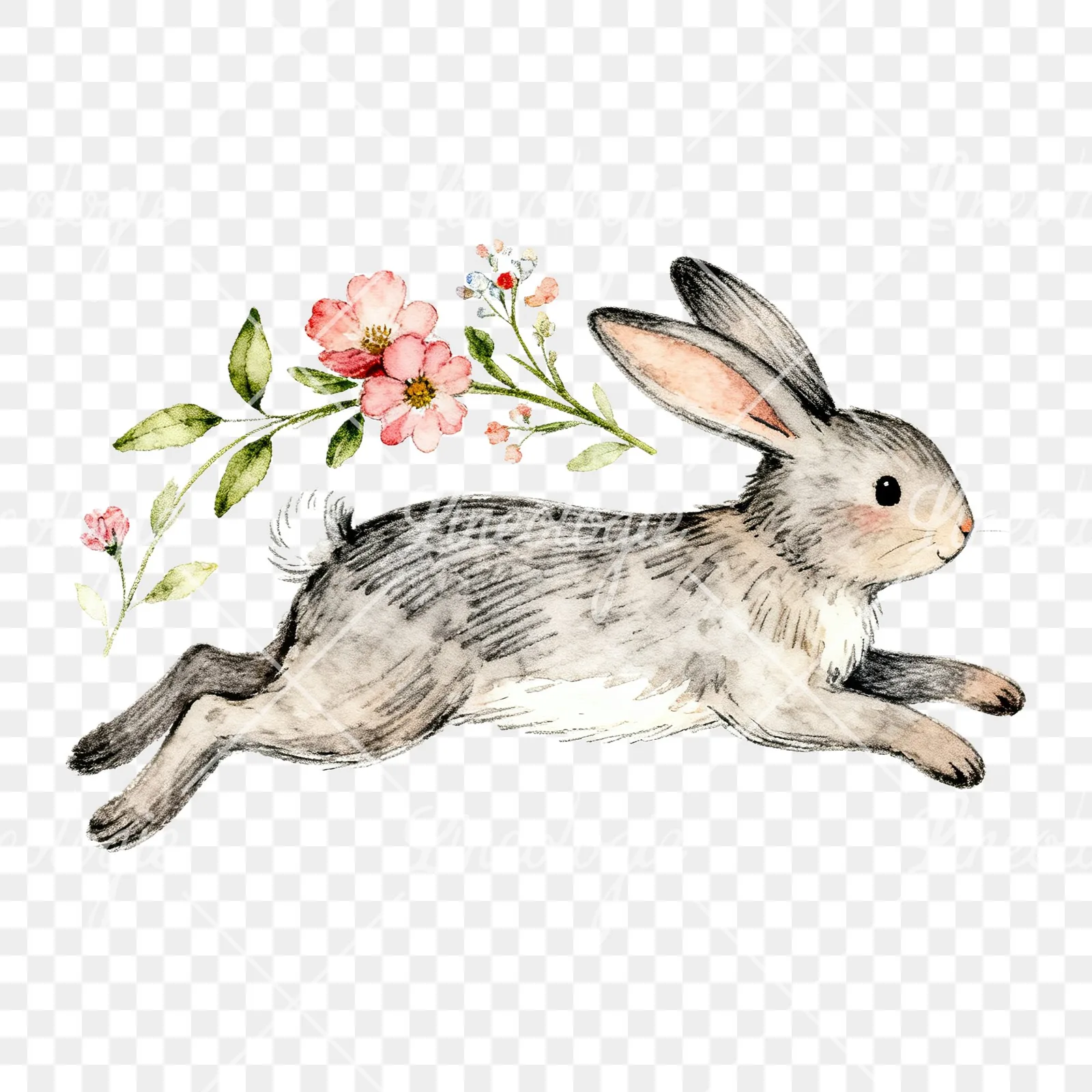 Watercolor Easter bunny with floral accents clipart 8 of 8 on a transparent background (PNG)