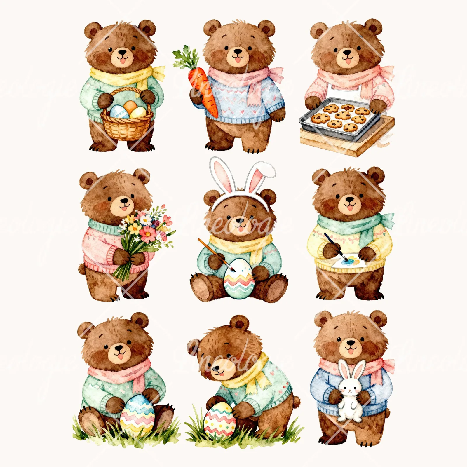 Watercolor Bear Clipart, all 9 illustrations in the pack
