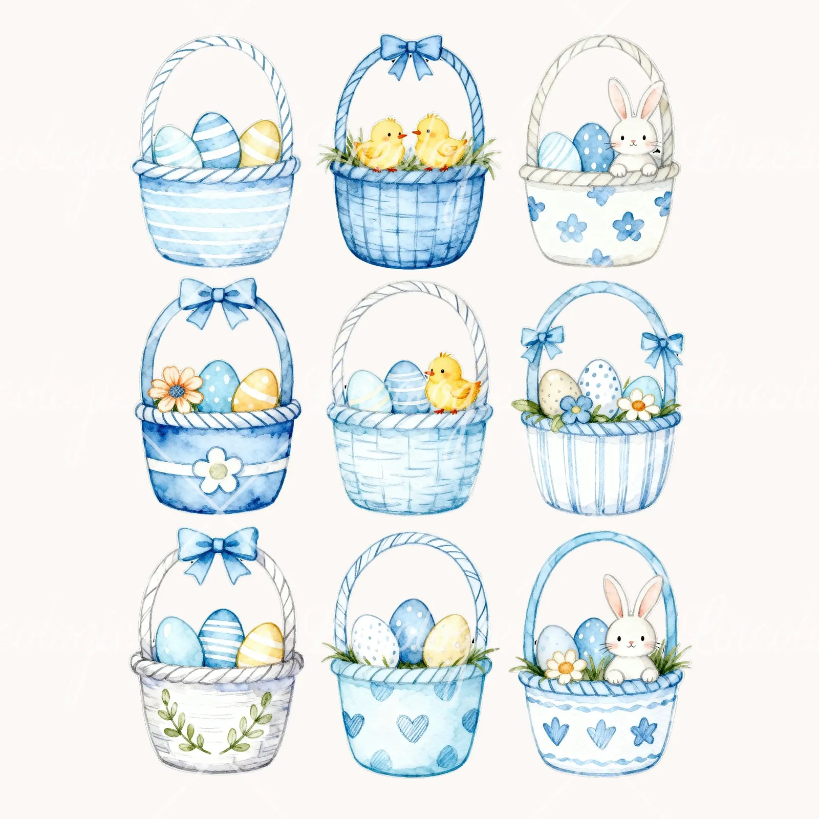 Watercolor Blue Boys Basket Clipart, all 9 illustrations in the pack