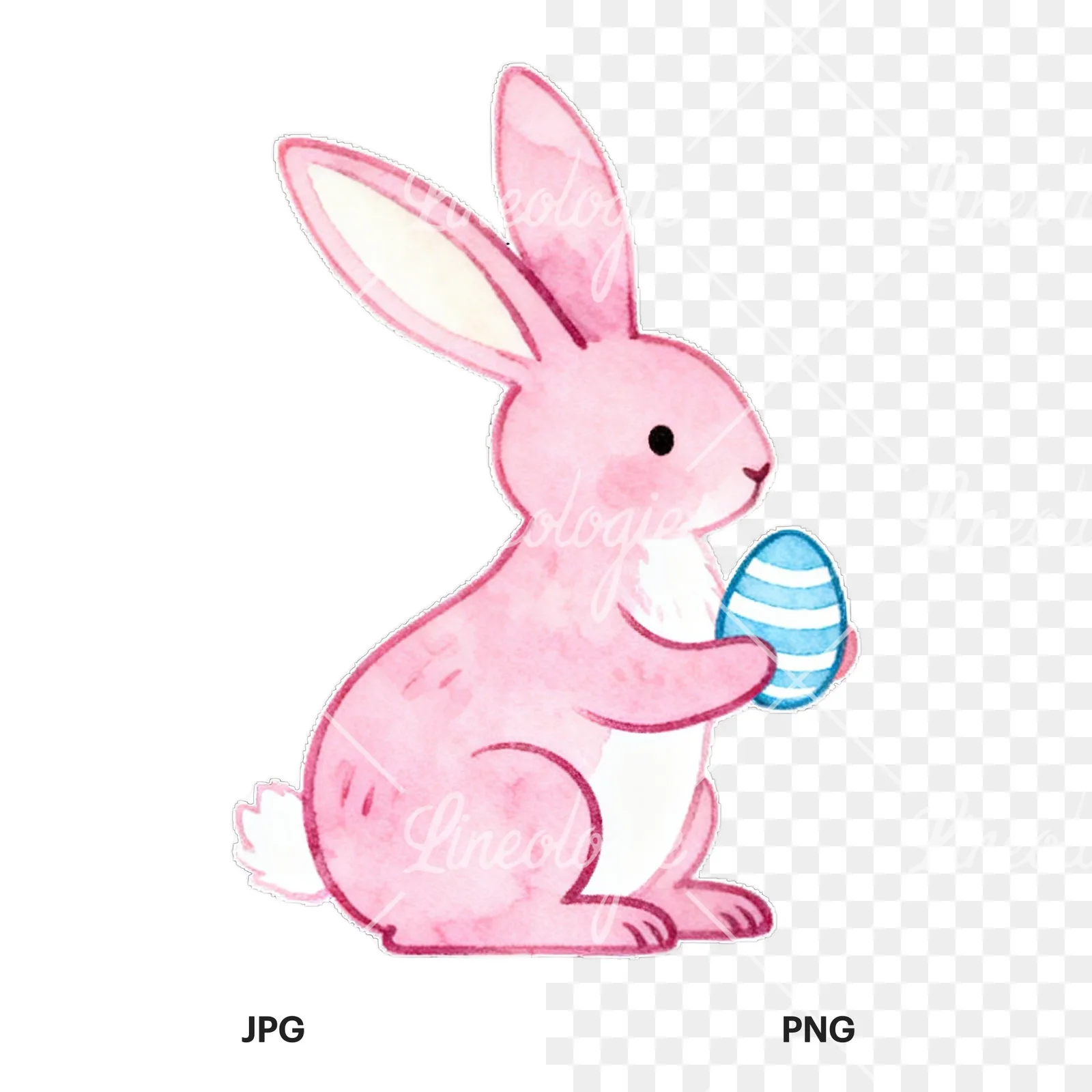 Watercolor colorful Easter bunny clipart 1 of 9, as a JPG on white and a transparent PNG