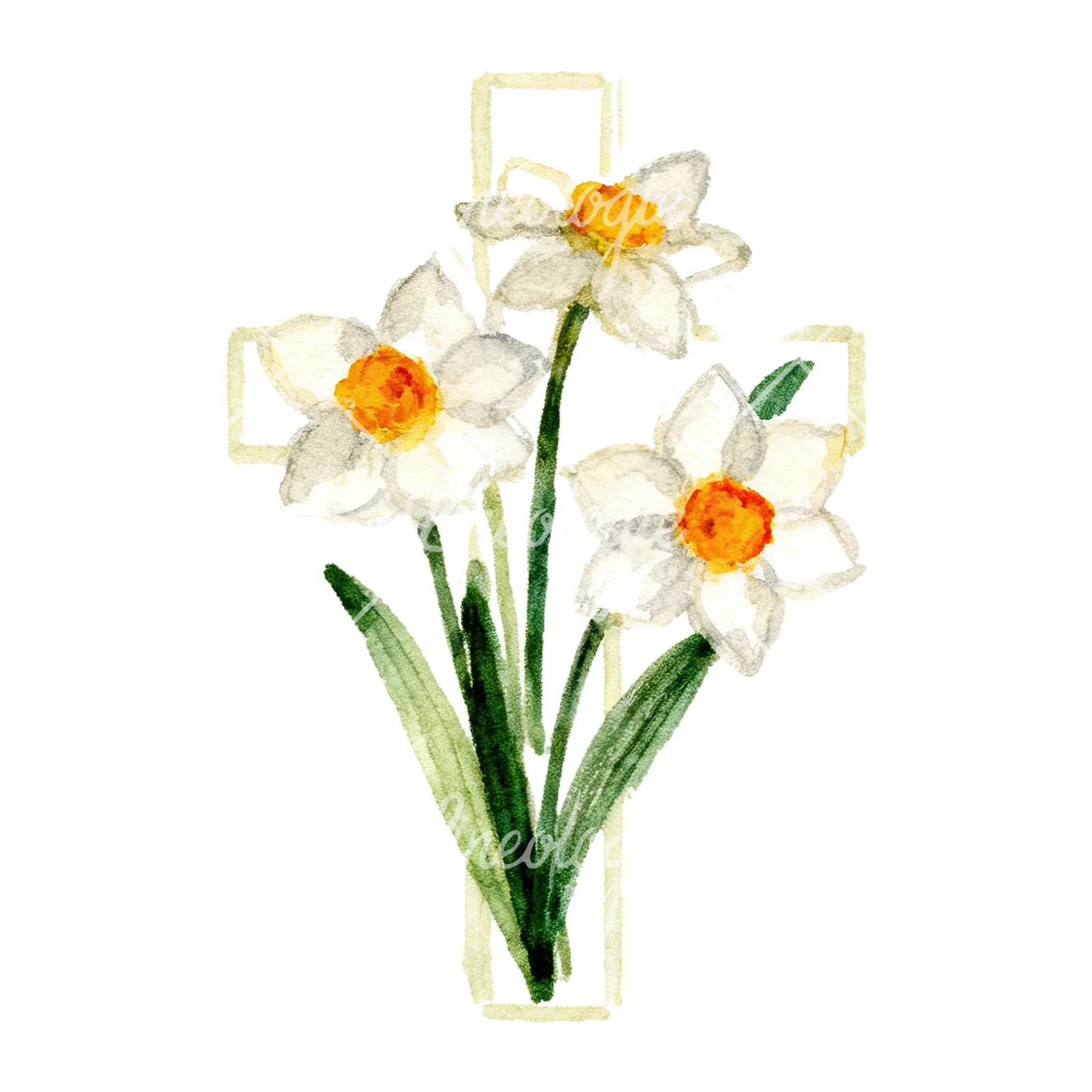 Watercolor Easter cross with spring flowers clipart 1 of 9 on a white background (JPG)