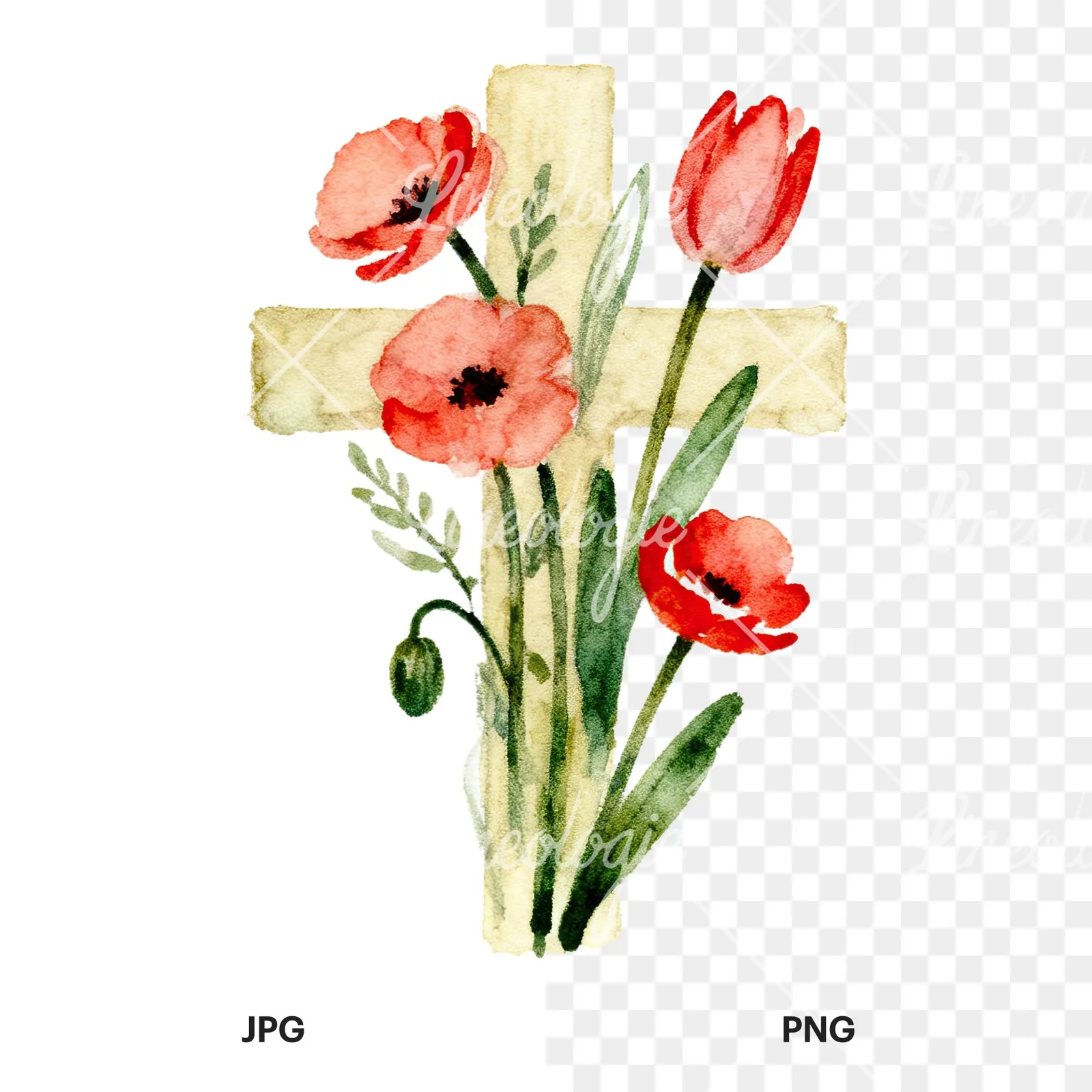 Watercolor Easter cross with spring flowers clipart 2 of 9, as a JPG on white and a transparent PNG