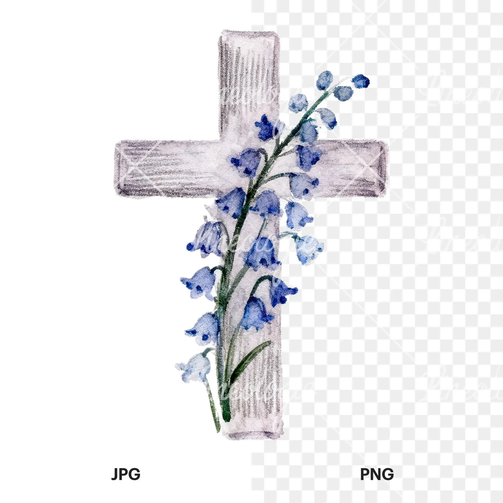Watercolor Easter cross with spring flowers clipart 3 of 9, as a JPG on white and a transparent PNG