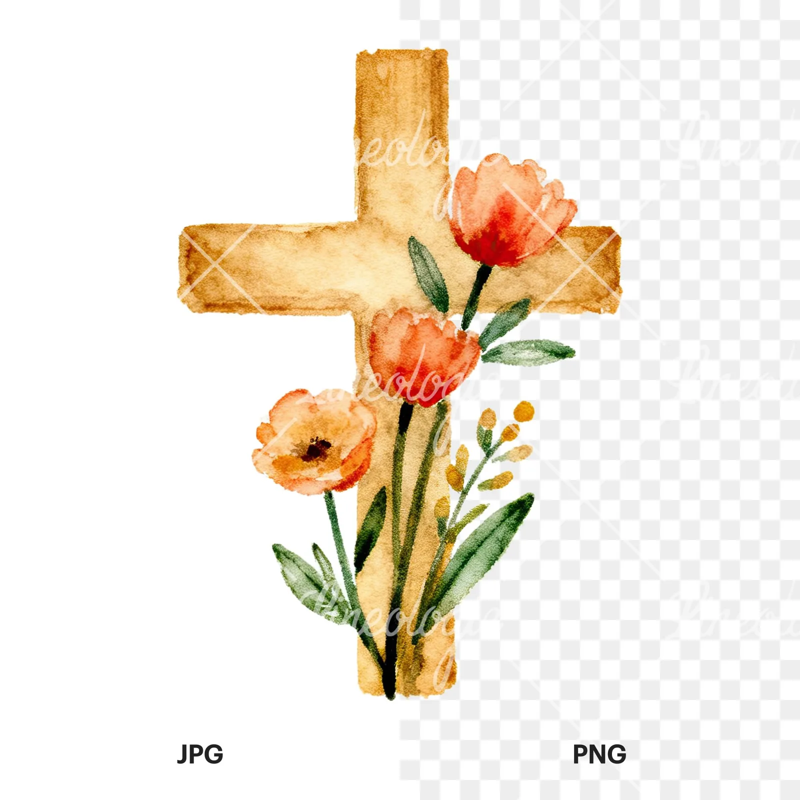 Watercolor Easter cross with spring flowers clipart 5 of 9, as a JPG on white and a transparent PNG