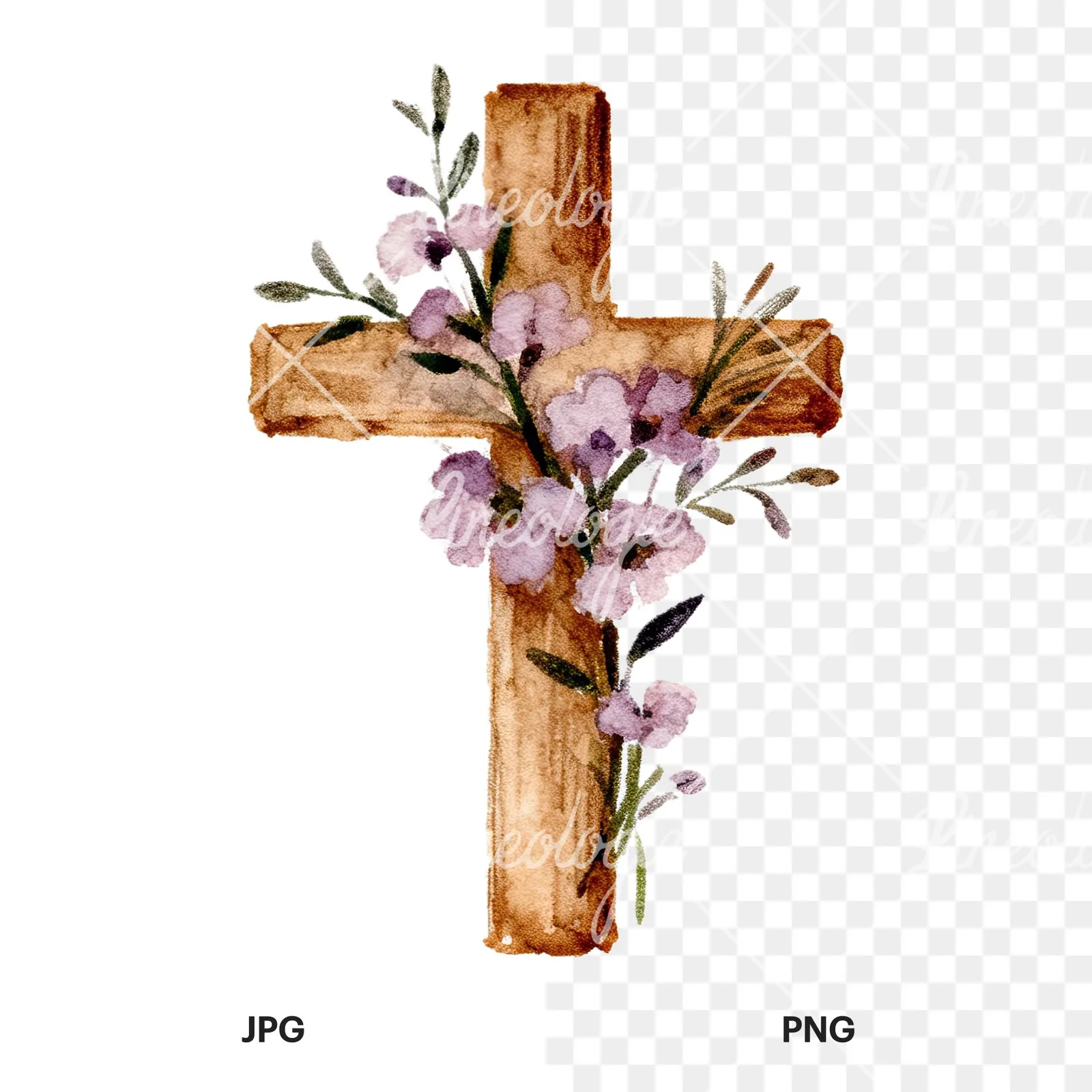 Watercolor Easter cross with spring flowers clipart 9 of 9, as a JPG on white and a transparent PNG