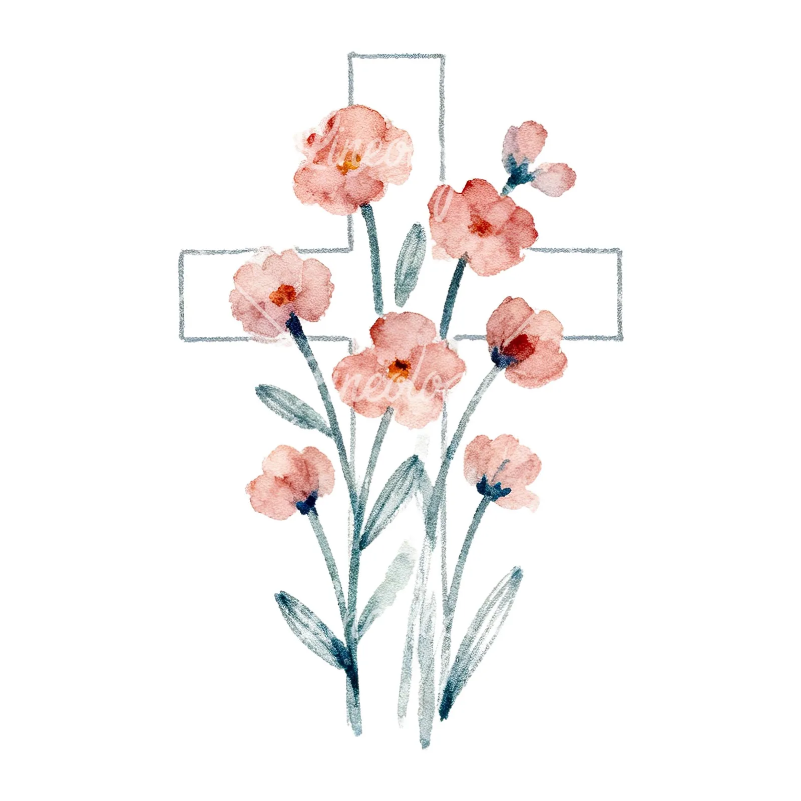 Watercolor cross with flowers clipart 1 of 9 on a white background (JPG)