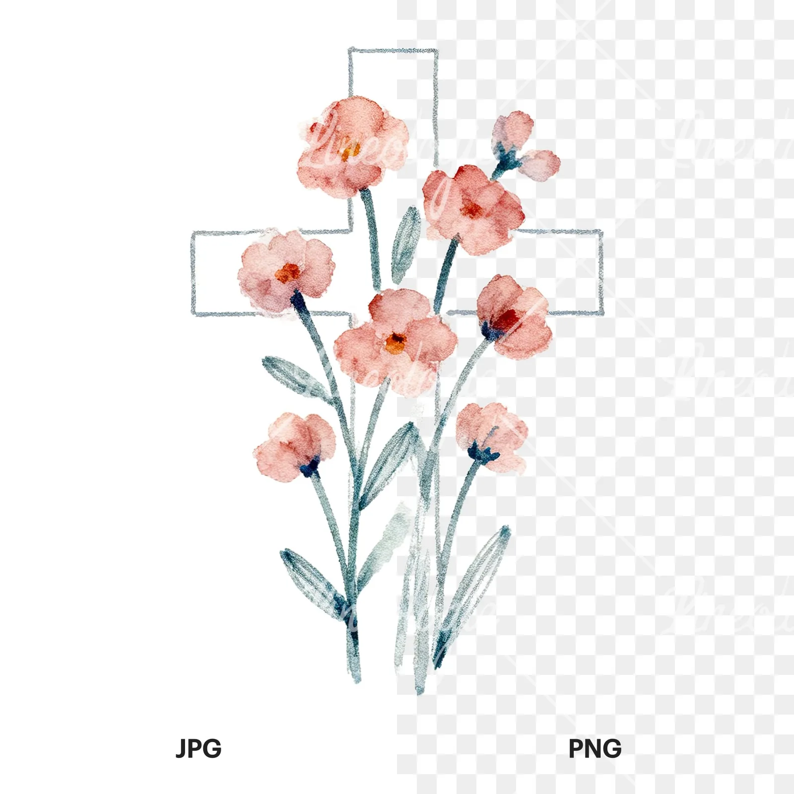 Watercolor cross with flowers clipart 1 of 9, as a JPG on white and a transparent PNG