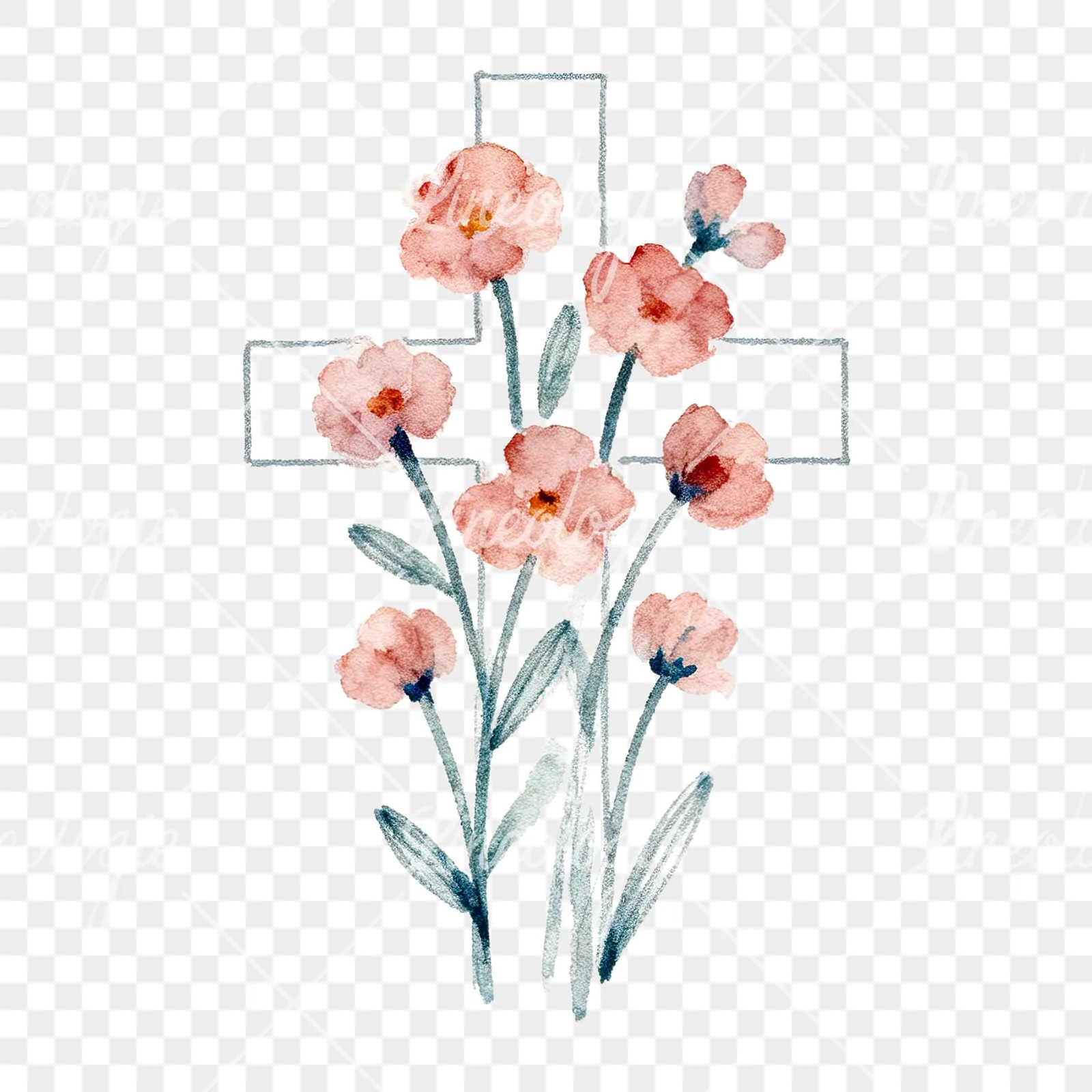 Watercolor cross with flowers clipart 1 of 9 on a transparent background (PNG)