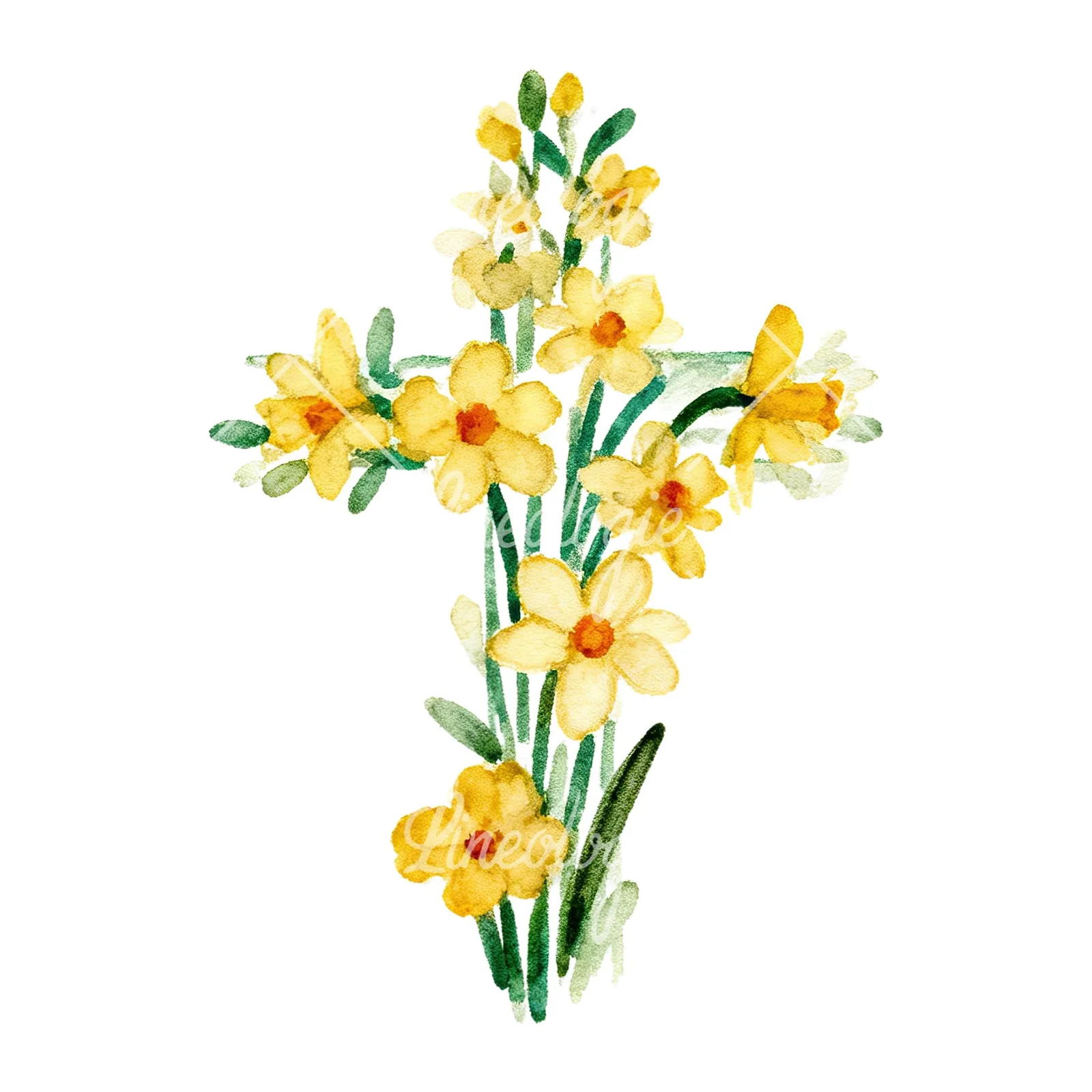 Watercolor cross with flowers clipart 2 of 9 on a white background (JPG)
