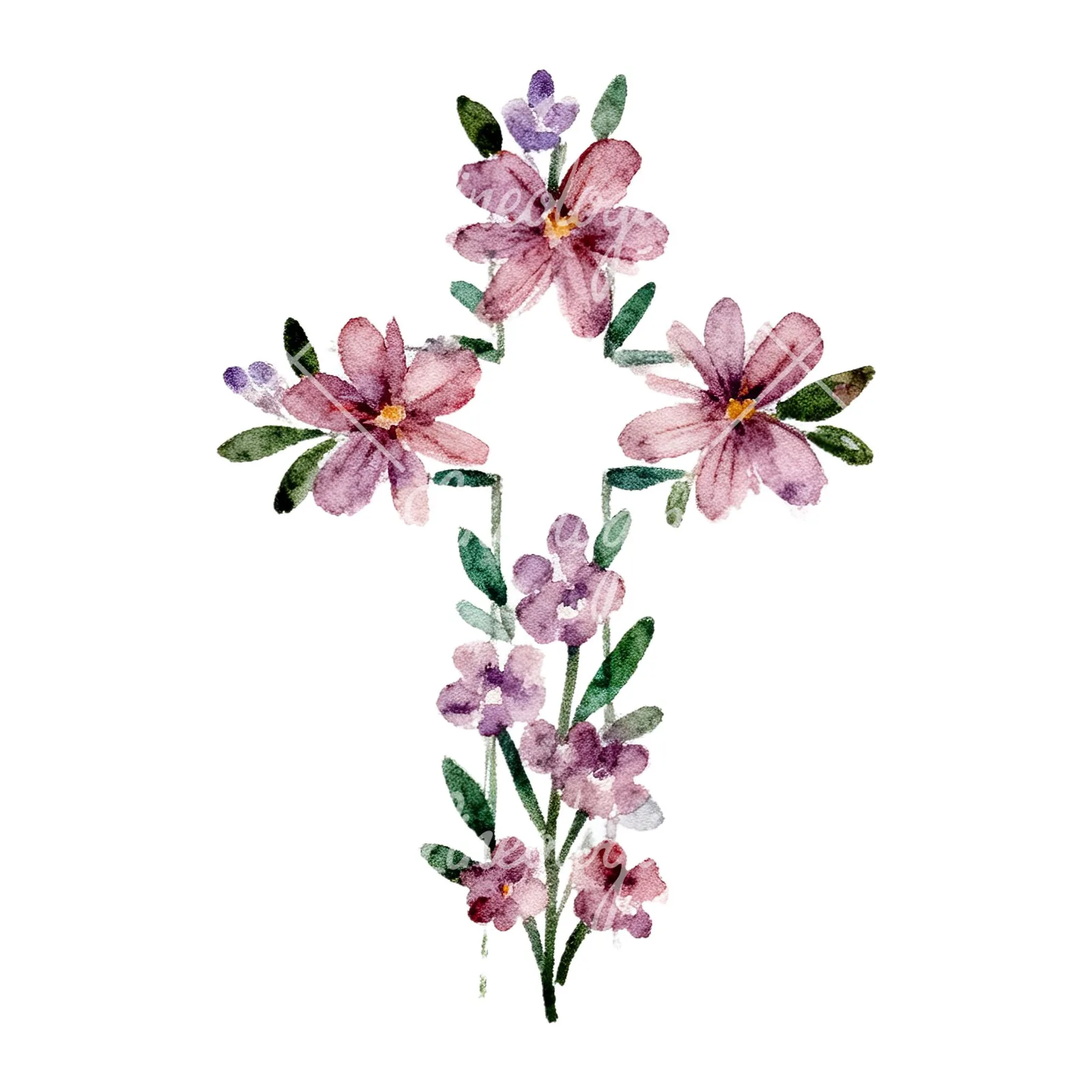 Watercolor cross with flowers clipart 3 of 9 on a white background (JPG)