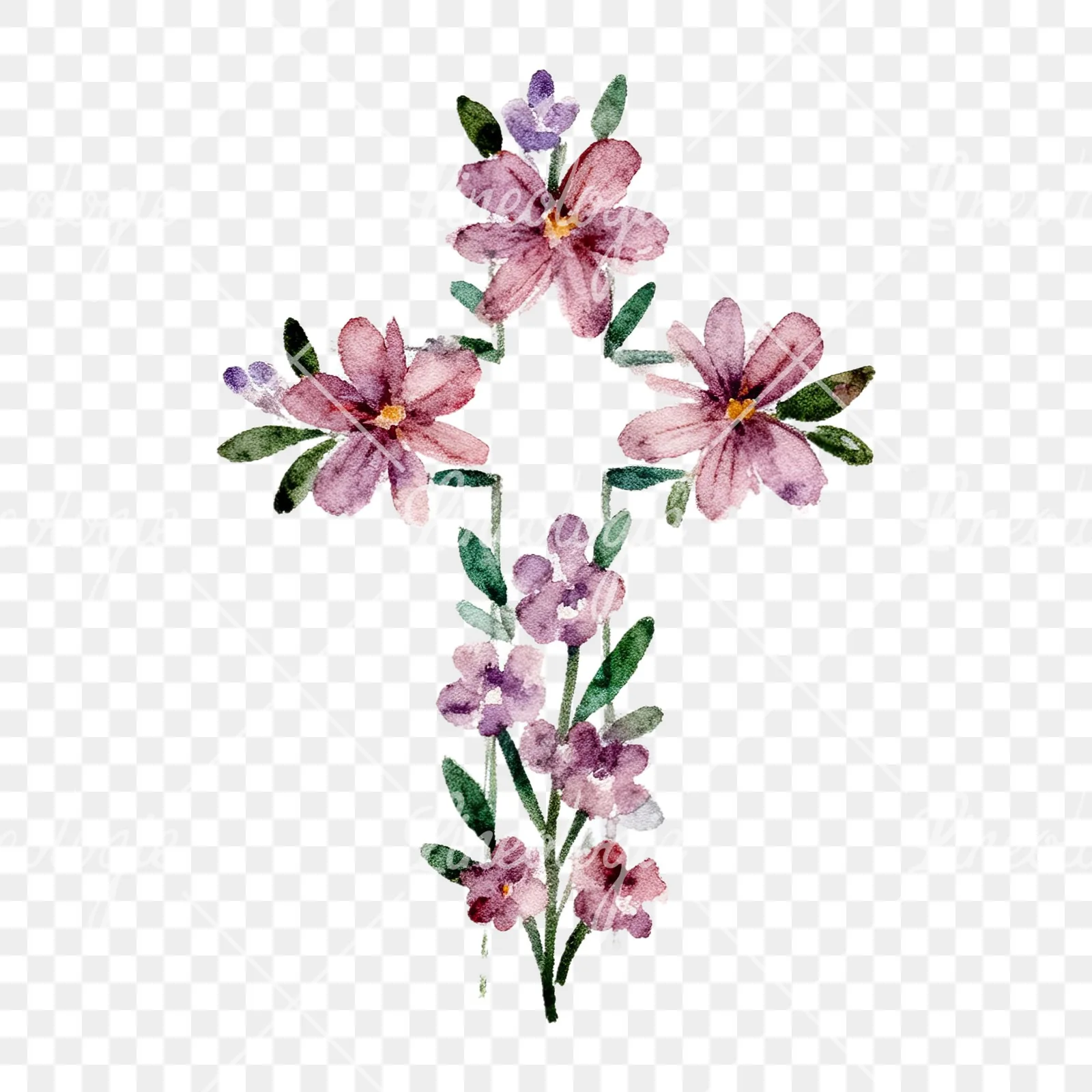 Watercolor cross with flowers clipart 3 of 9 on a transparent background (PNG)