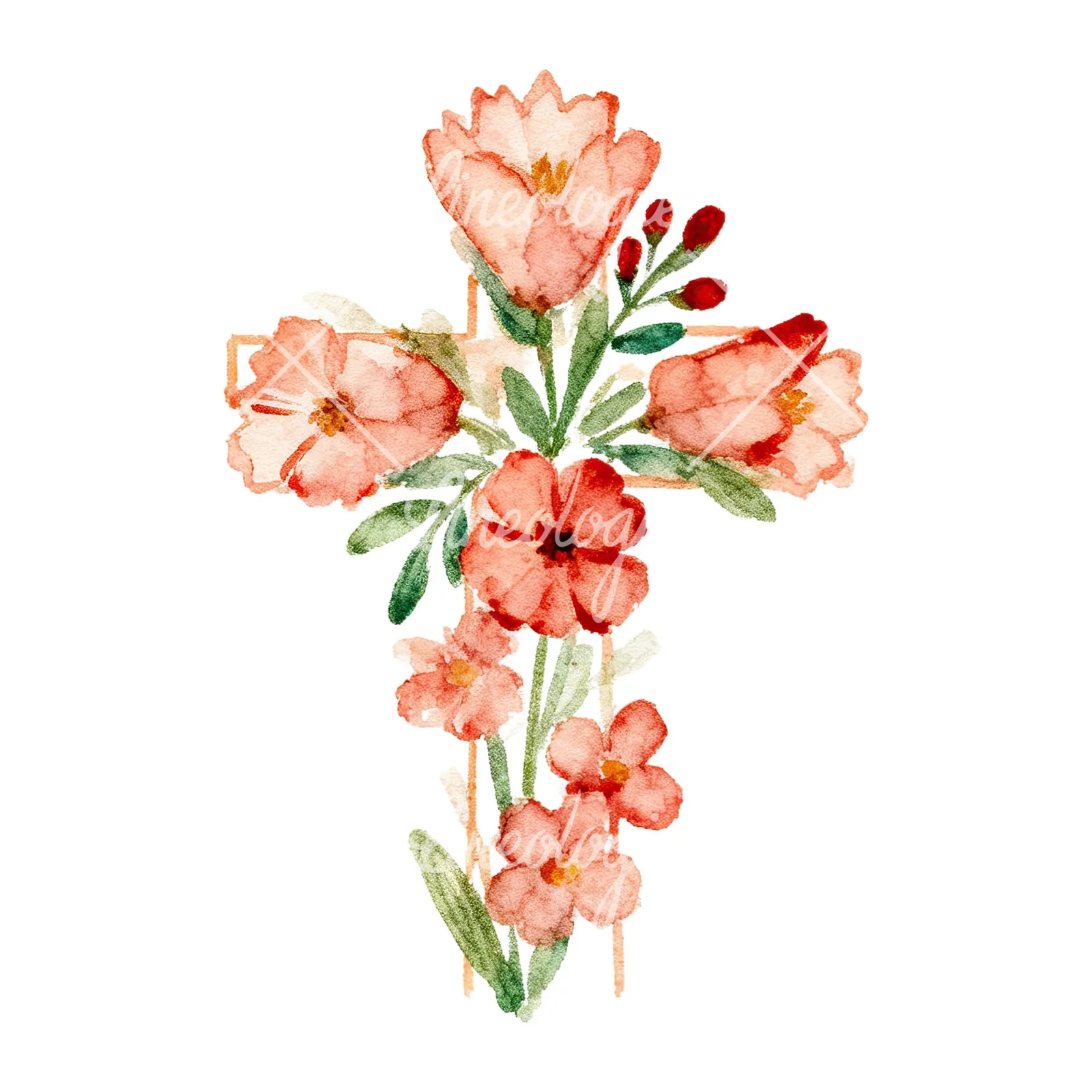 Watercolor cross with flowers clipart 4 of 9 on a white background (JPG)