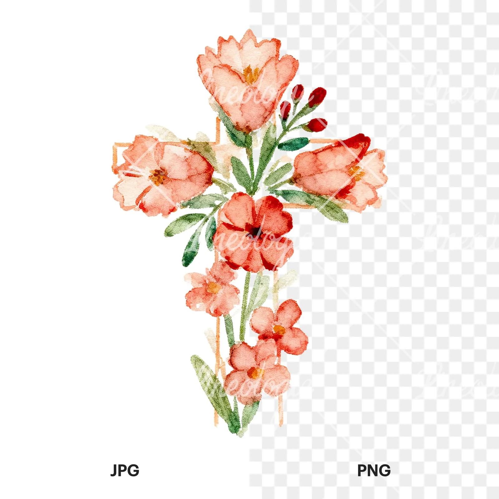 Watercolor cross with flowers clipart 4 of 9, as a JPG on white and a transparent PNG