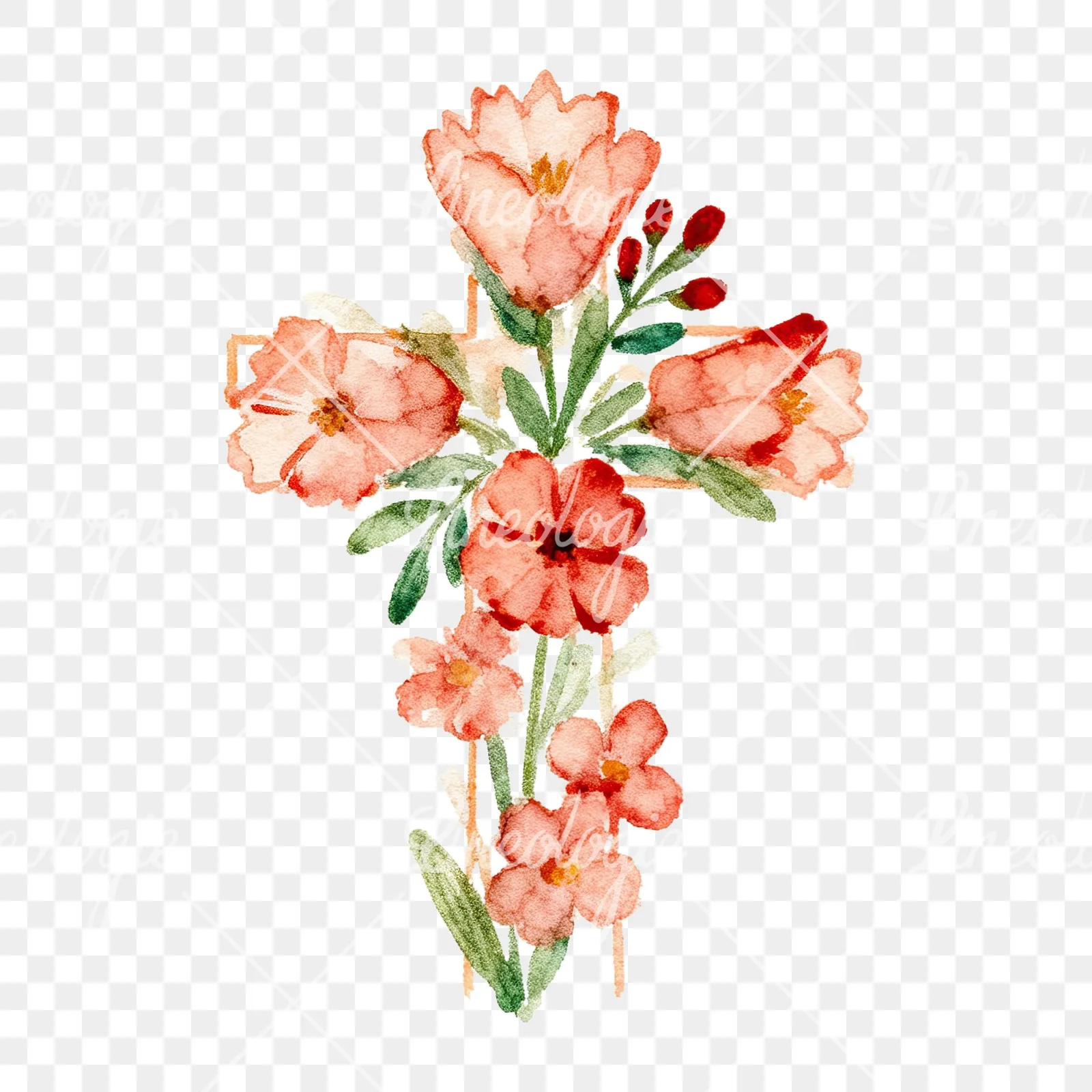 Watercolor cross with flowers clipart 4 of 9 on a transparent background (PNG)