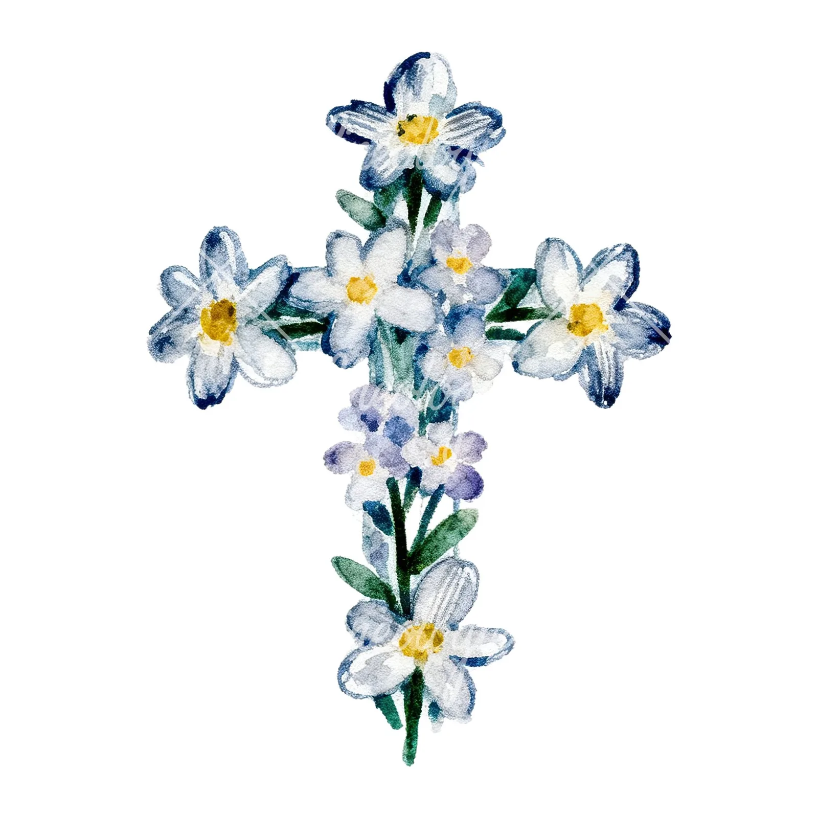 Watercolor cross with flowers clipart 5 of 9 on a white background (JPG)