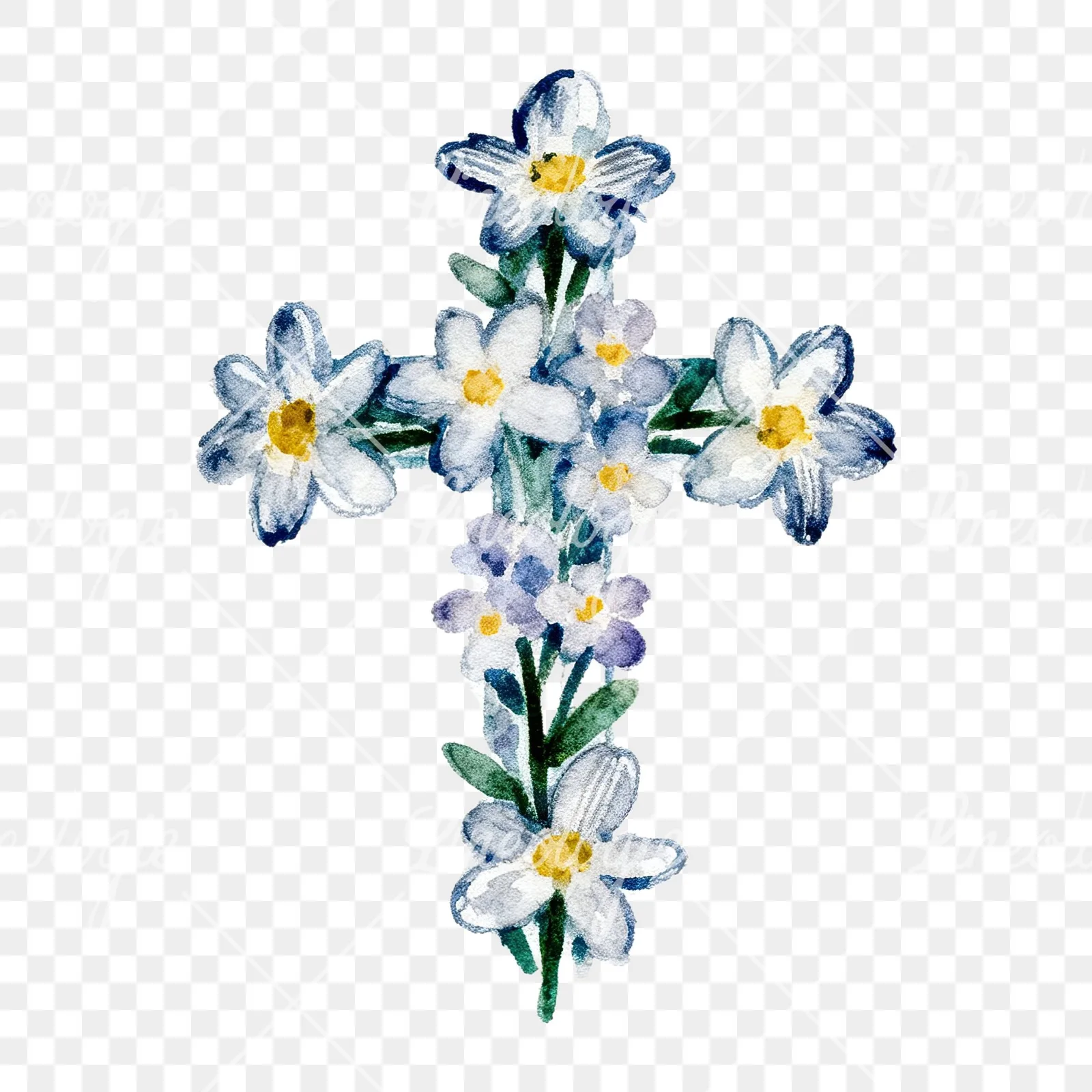Watercolor cross with flowers clipart 5 of 9 on a transparent background (PNG)