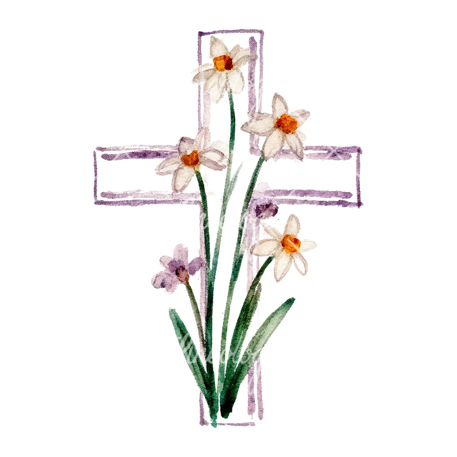 Watercolor cross with flowers clipart 6 of 9 on a white background (JPG)