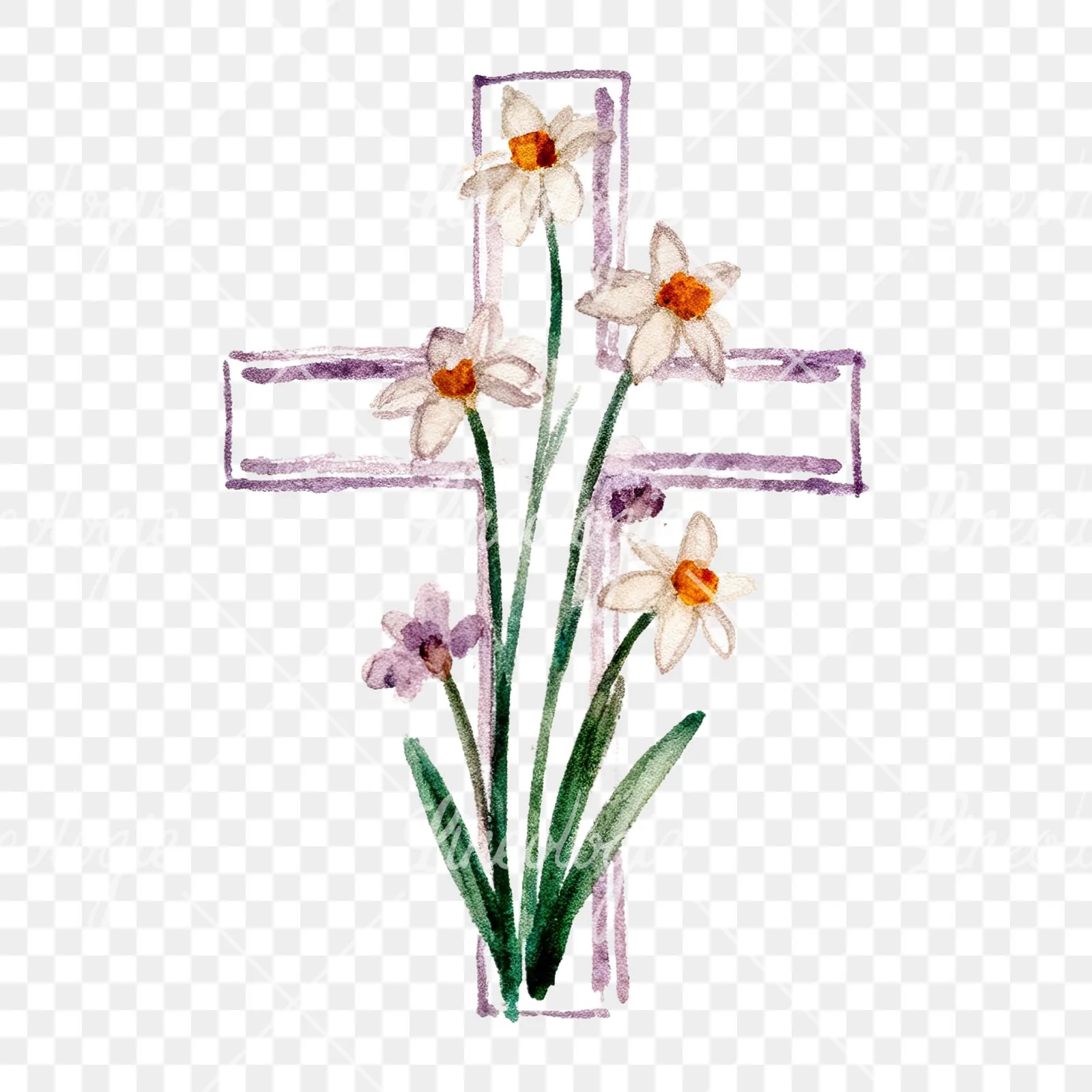 Watercolor cross with flowers clipart 6 of 9 on a transparent background (PNG)