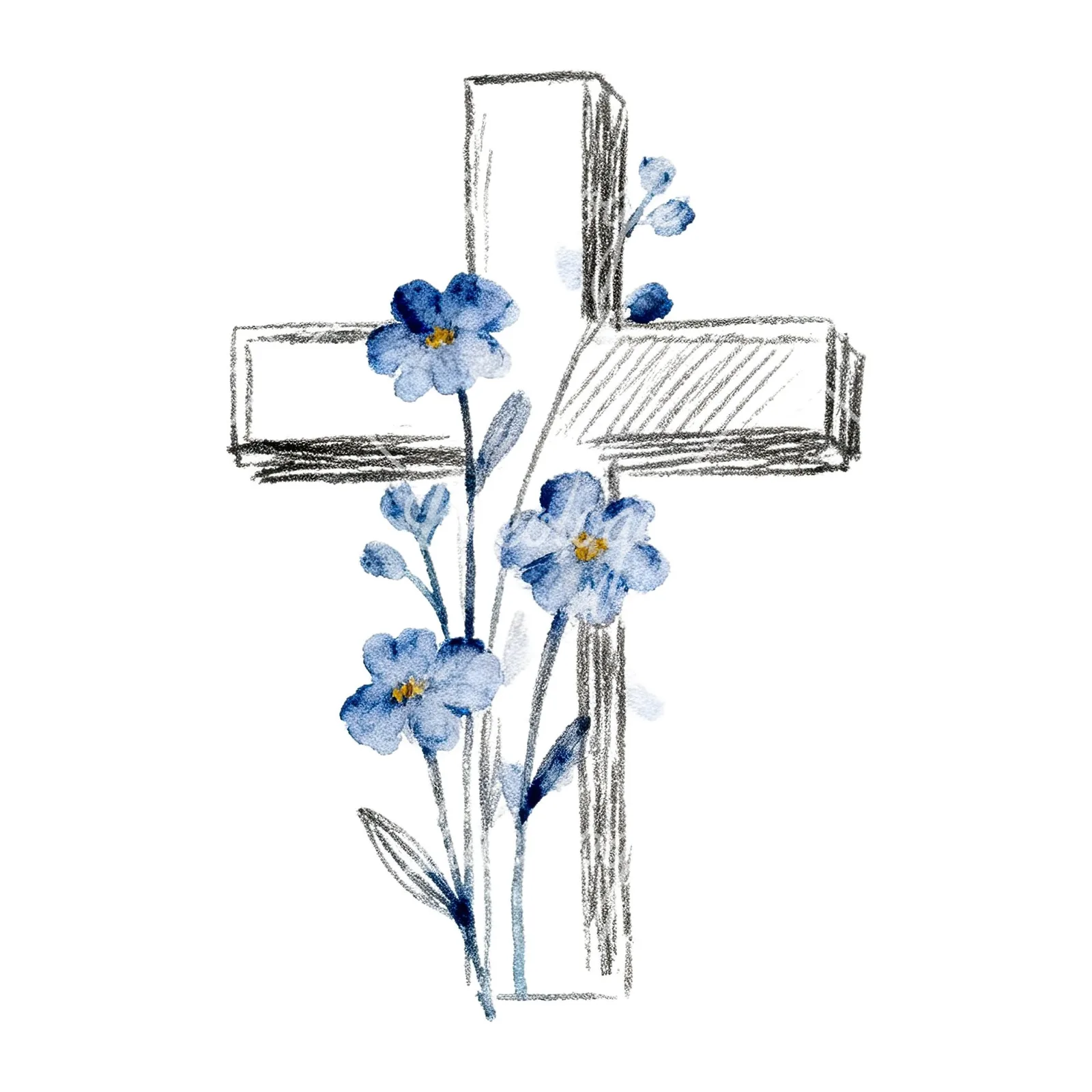 Watercolor cross with flowers clipart 7 of 9 on a white background (JPG)