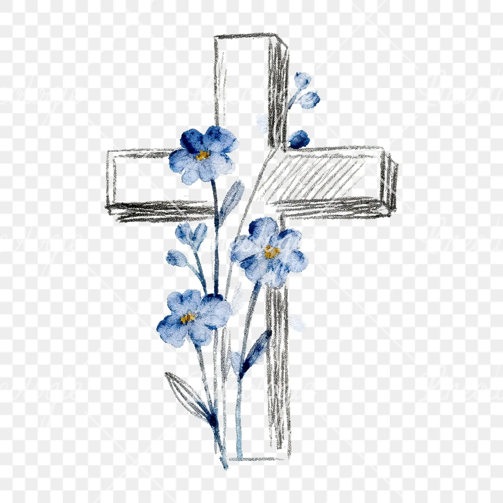 Watercolor cross with flowers clipart 7 of 9 on a transparent background (PNG)