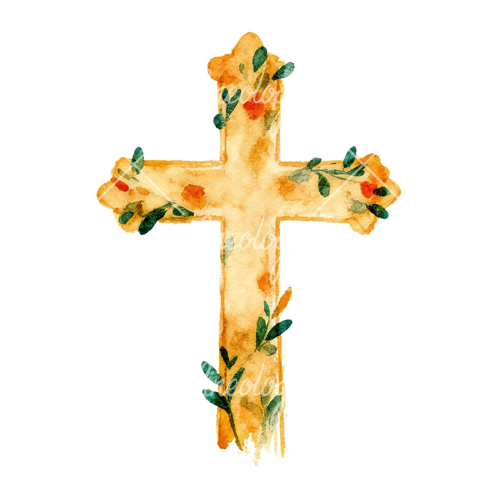 Watercolor cross with flowers clipart 9 of 9 on a white background (JPG)