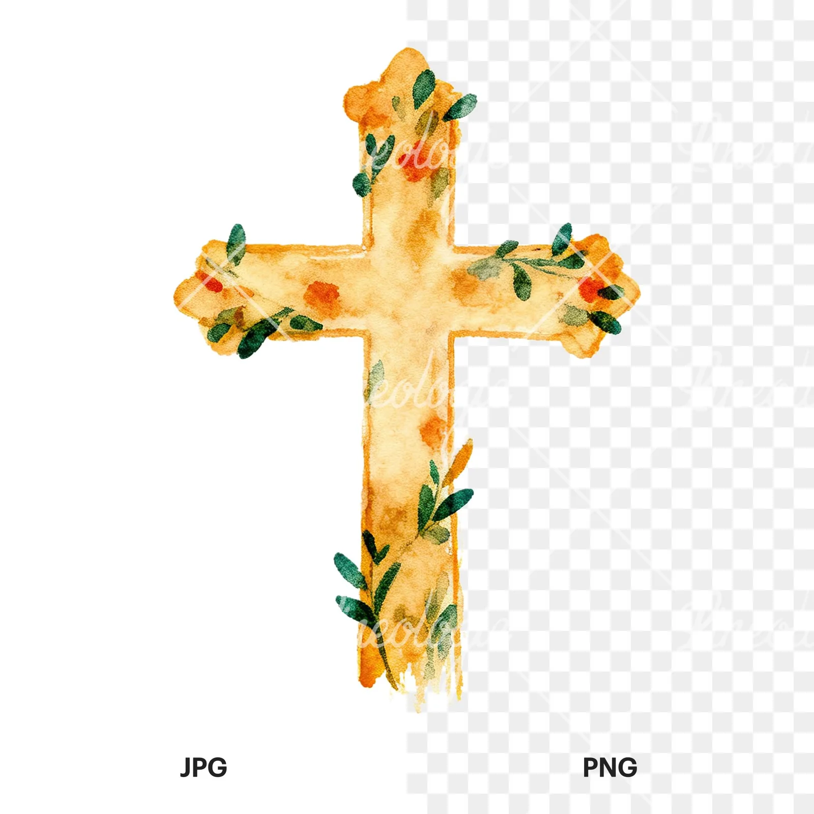 Watercolor cross with flowers clipart 9 of 9, as a JPG on white and a transparent PNG