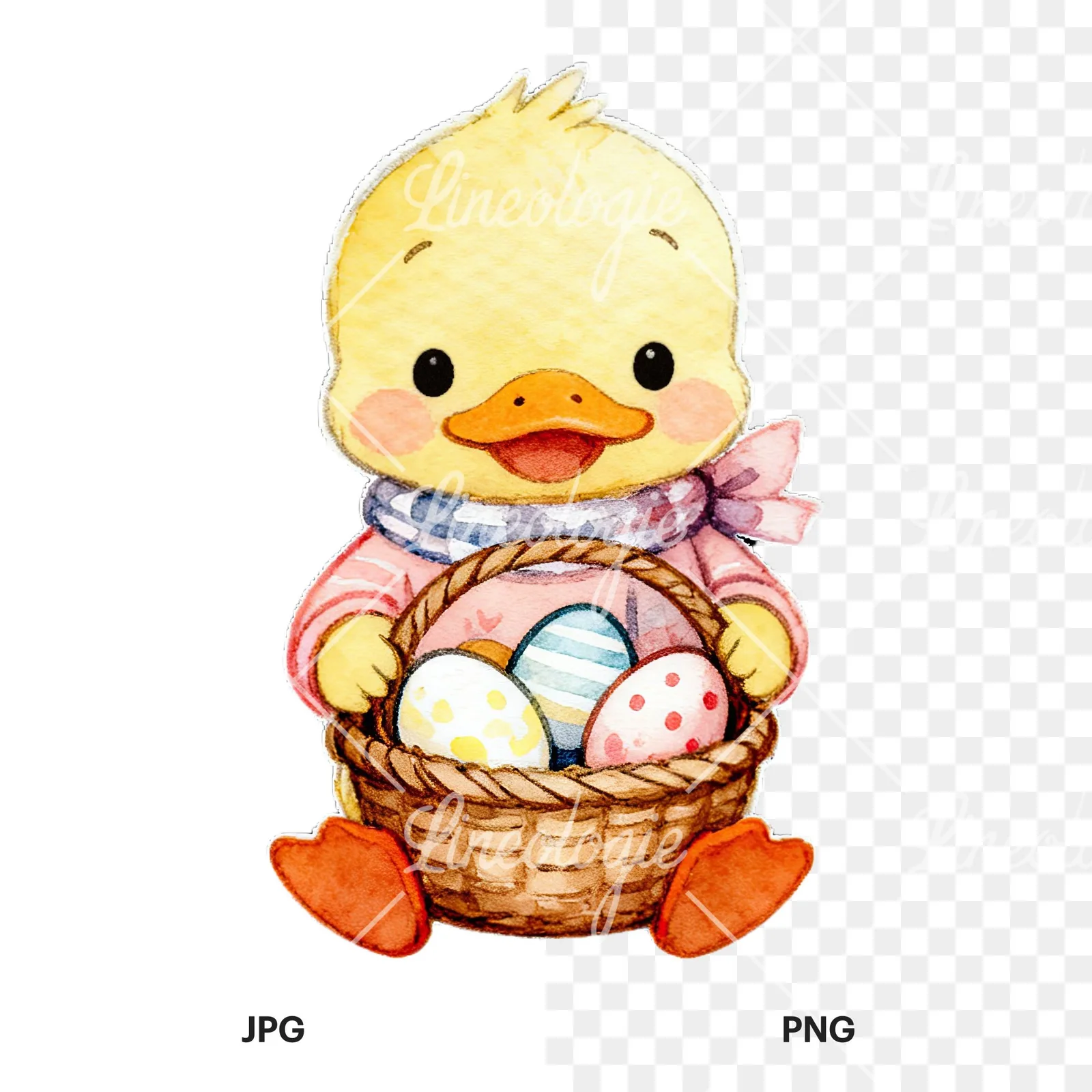Watercolor Easter duckling with cookies clipart 1 of 9, as a JPG on white and a transparent PNG