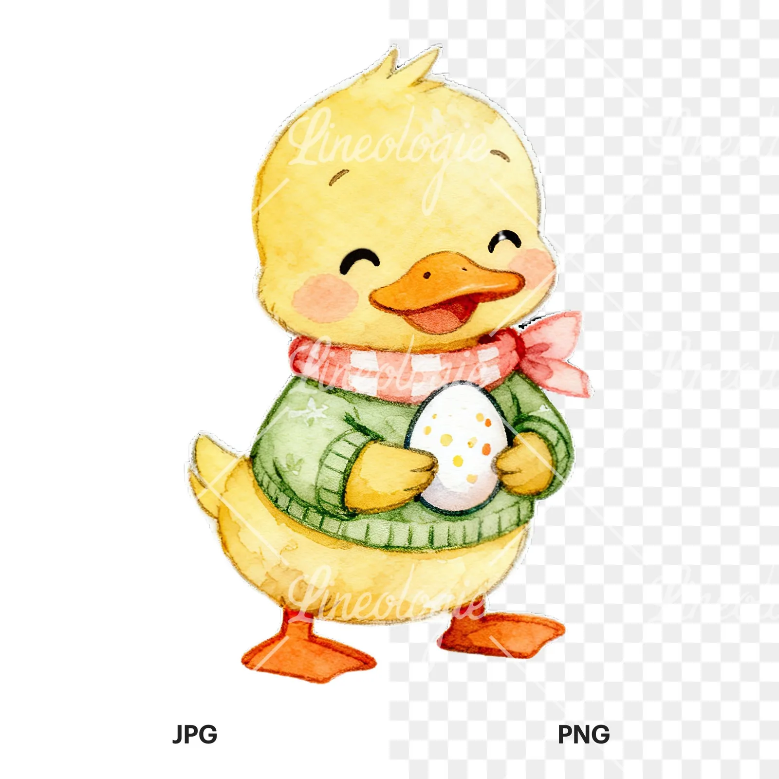 Watercolor Easter duckling with cookies clipart 2 of 9, as a JPG on white and a transparent PNG