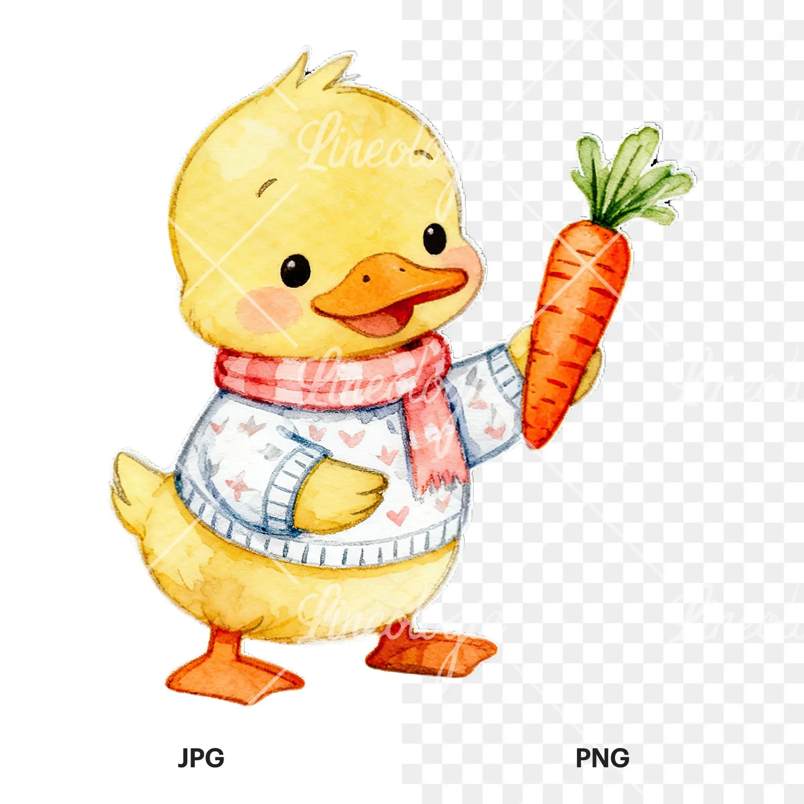 Watercolor Easter duckling with cookies clipart 3 of 9, as a JPG on white and a transparent PNG