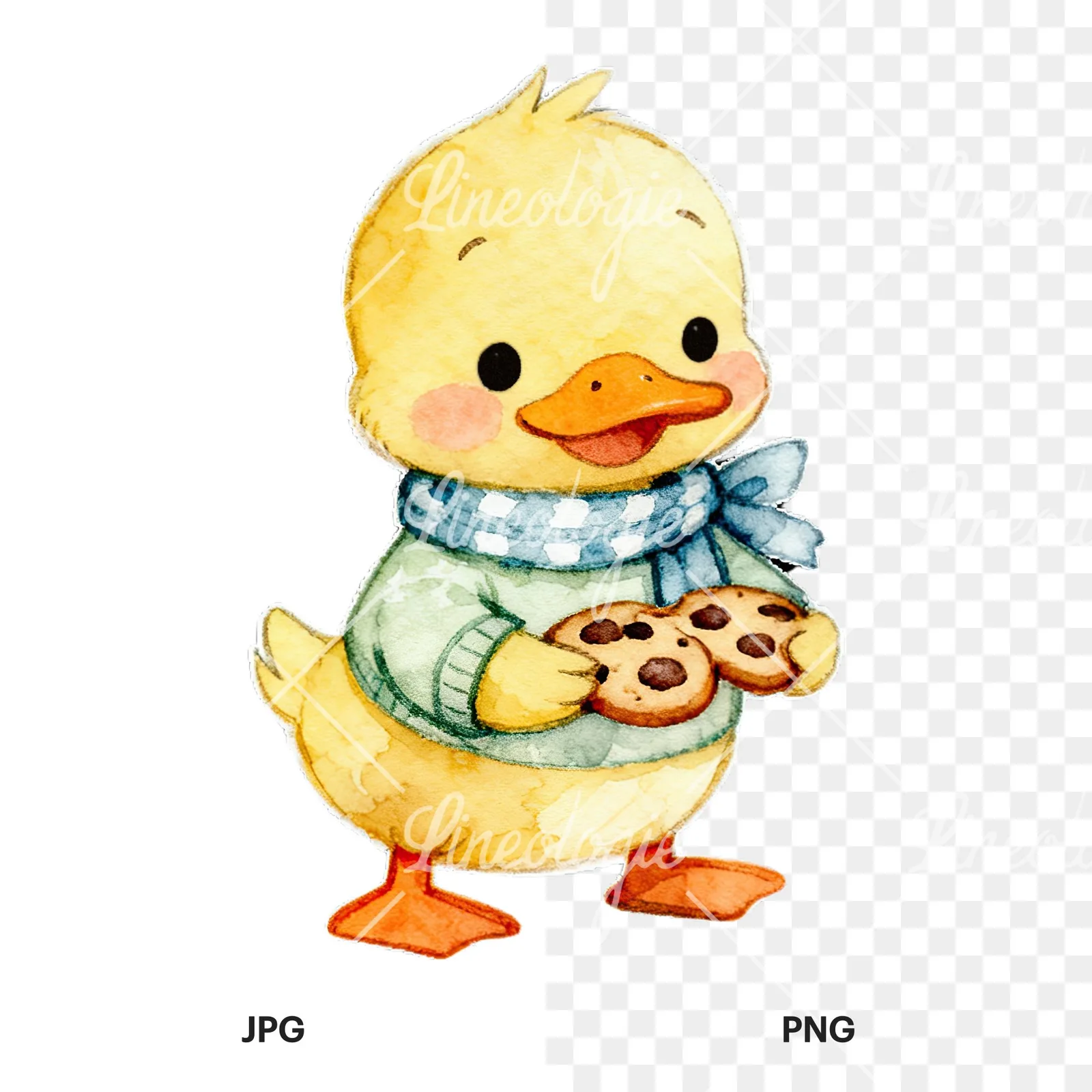 Watercolor Easter duckling with cookies clipart 4 of 9, as a JPG on white and a transparent PNG