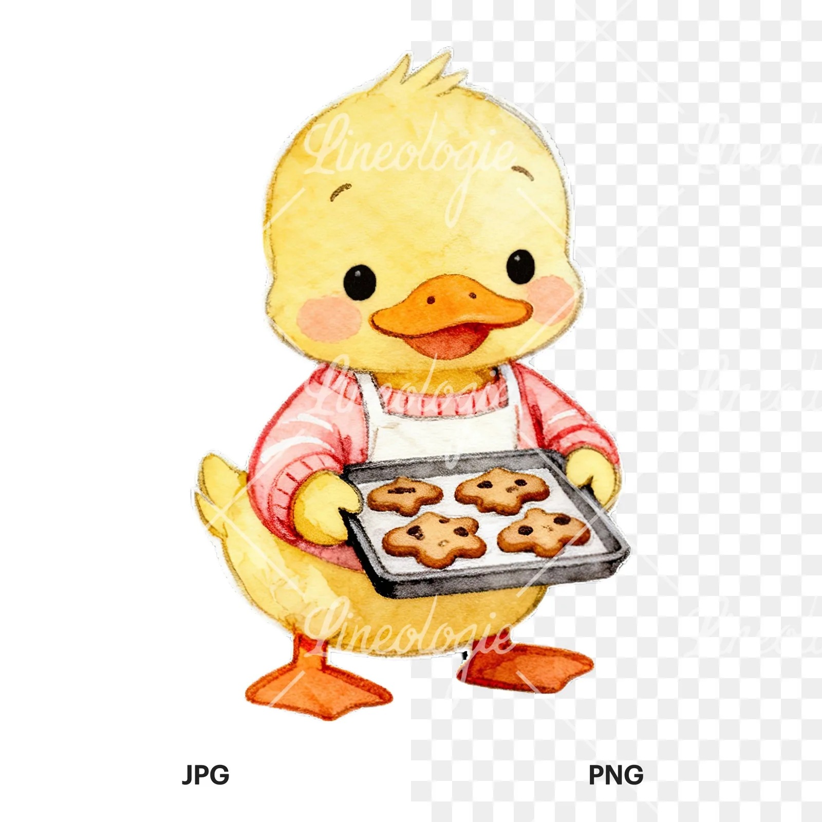 Watercolor Easter duckling with cookies clipart 5 of 9, as a JPG on white and a transparent PNG