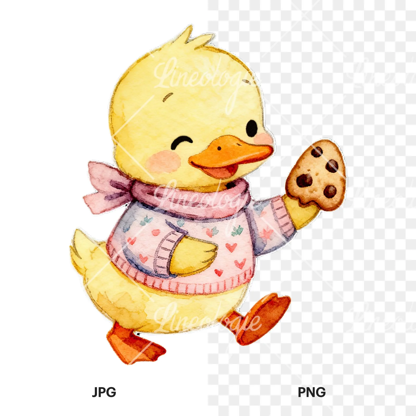 Watercolor Easter duckling with cookies clipart 6 of 9, as a JPG on white and a transparent PNG