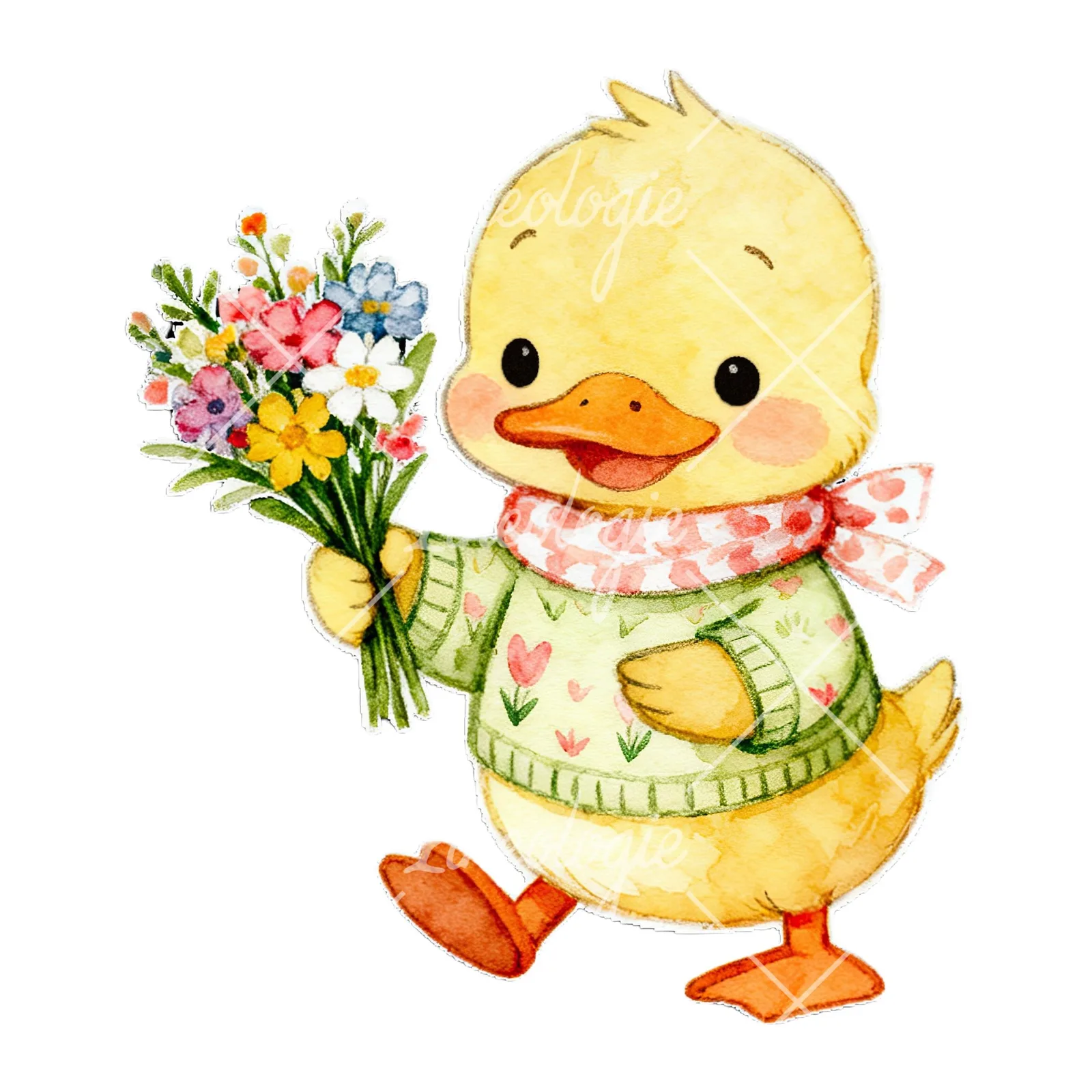 Watercolor Easter duckling with cookies clipart 7 of 9 on a white background (JPG)