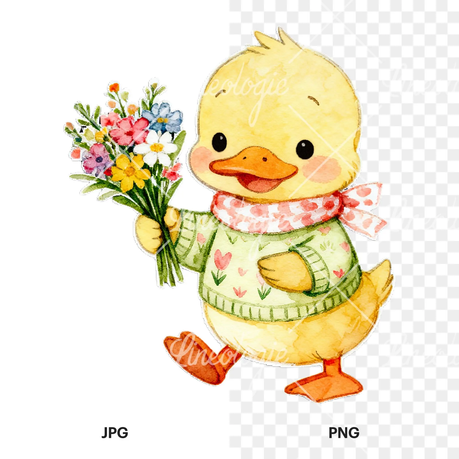 Watercolor Easter duckling with cookies clipart 7 of 9, as a JPG on white and a transparent PNG
